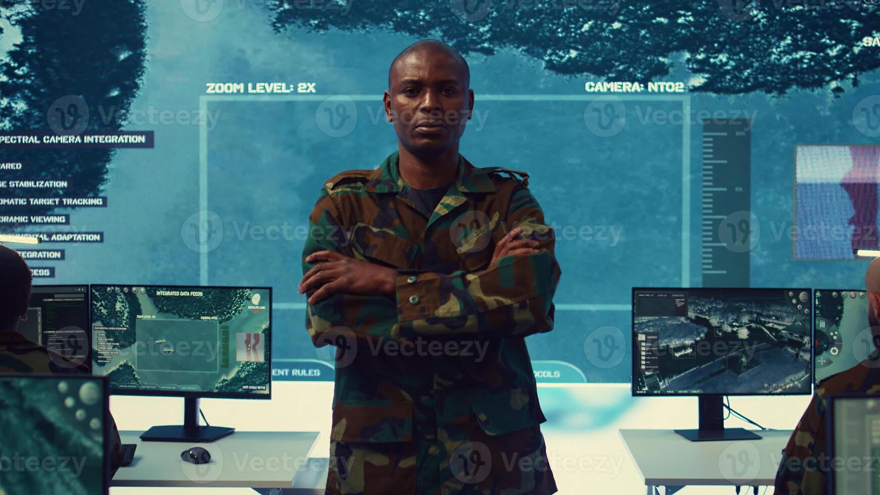 Portrait of confident military general wearing camo uniform in mission control center, overseeing operations regarding the national safety and protocol. Federal army base command post. Camera B. photo