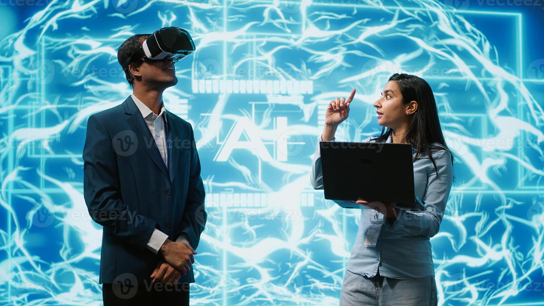 Engineers use VR smart goggles and AI neural networks to solve company problems. IT experts using artificial intelligence and AR virtual reality tech to visualize startup business data, camera A photo