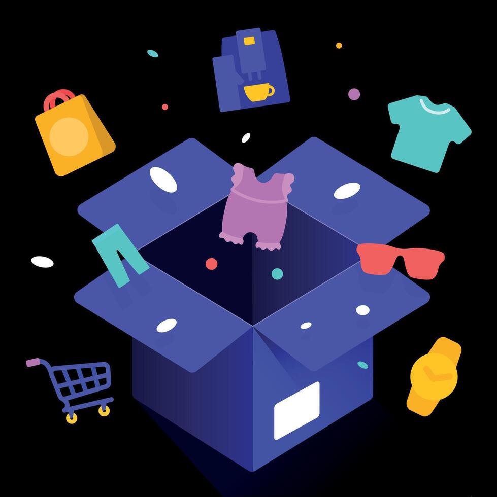 Shopping, a box with purchases and gifts on a dark background vector