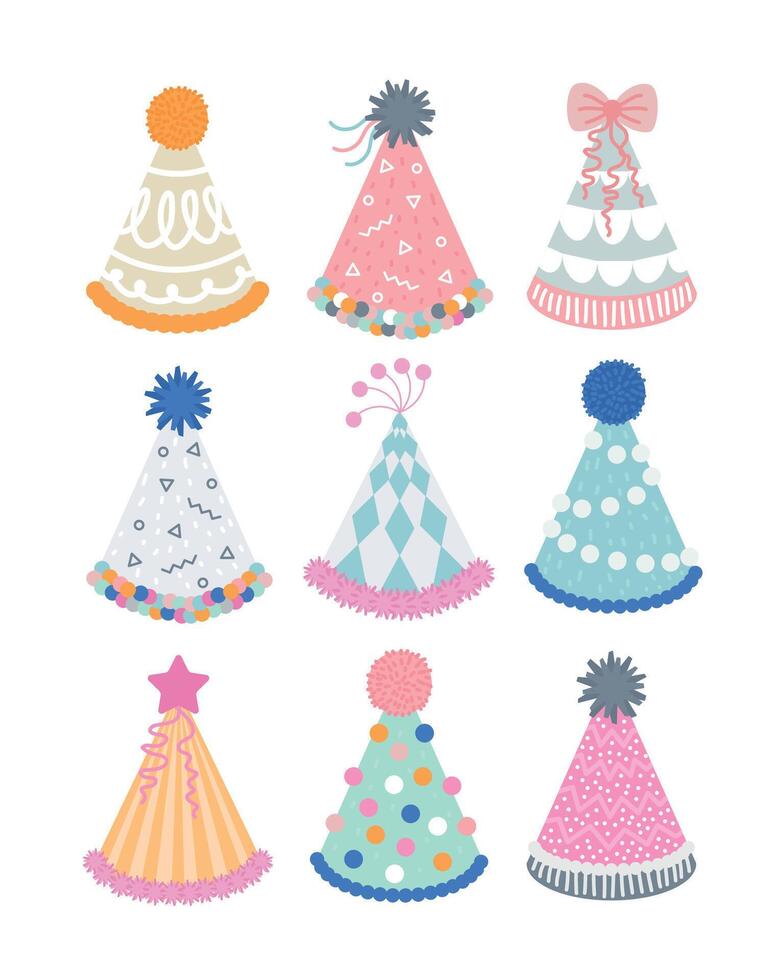 Set of birthday hats in pastel colors vector