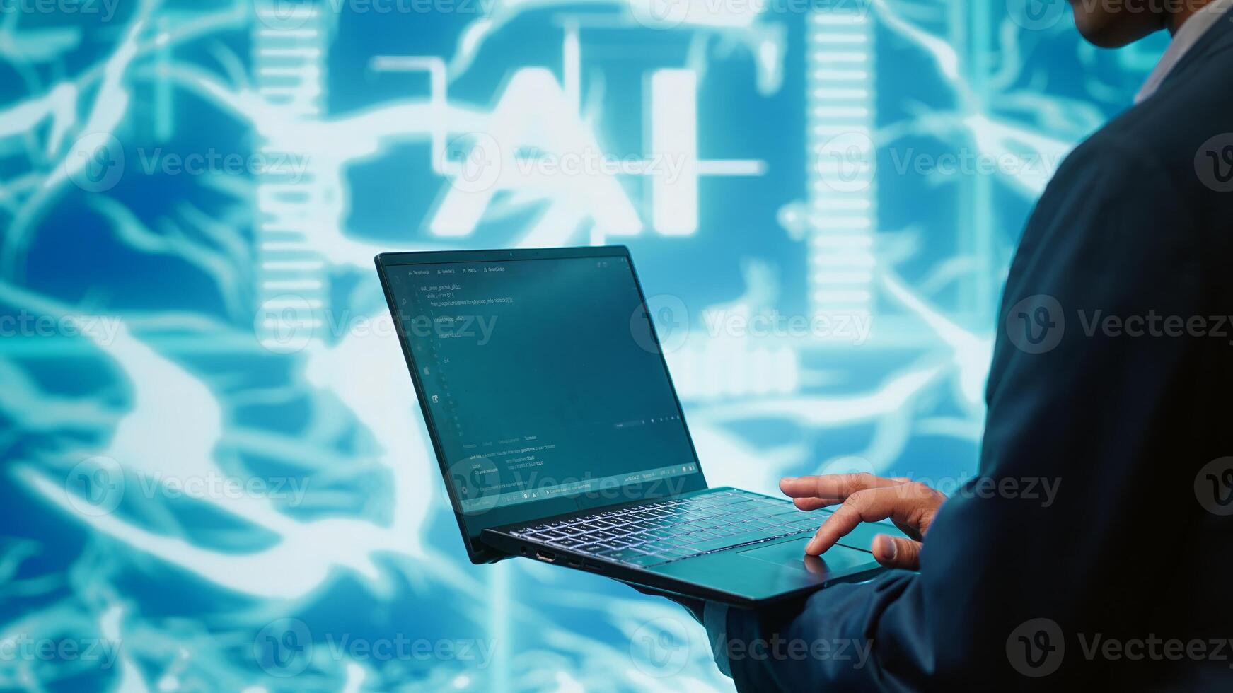 System administrator solving tasks on laptop, running artificial intelligence programming scripts. Close up shot of technician manipulating lines of code for AI applications development, camera A photo
