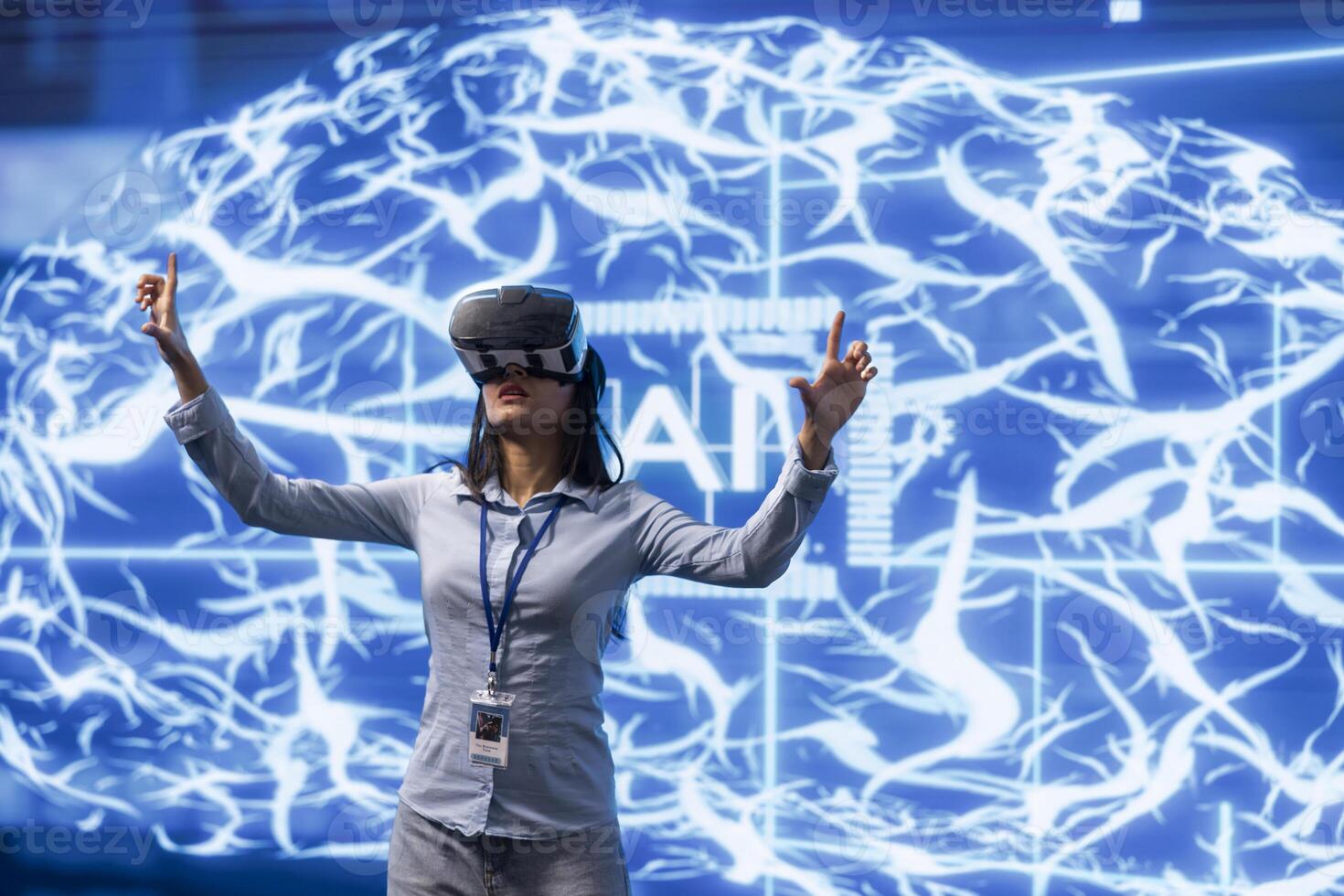 computadora científico utilizando artificial inteligencia informática simulando humano cerebro pensamiento procesos. empleado trabajando en alto tecnología laboratorio, desarrollando ai máquina aprendizaje algoritmos foto