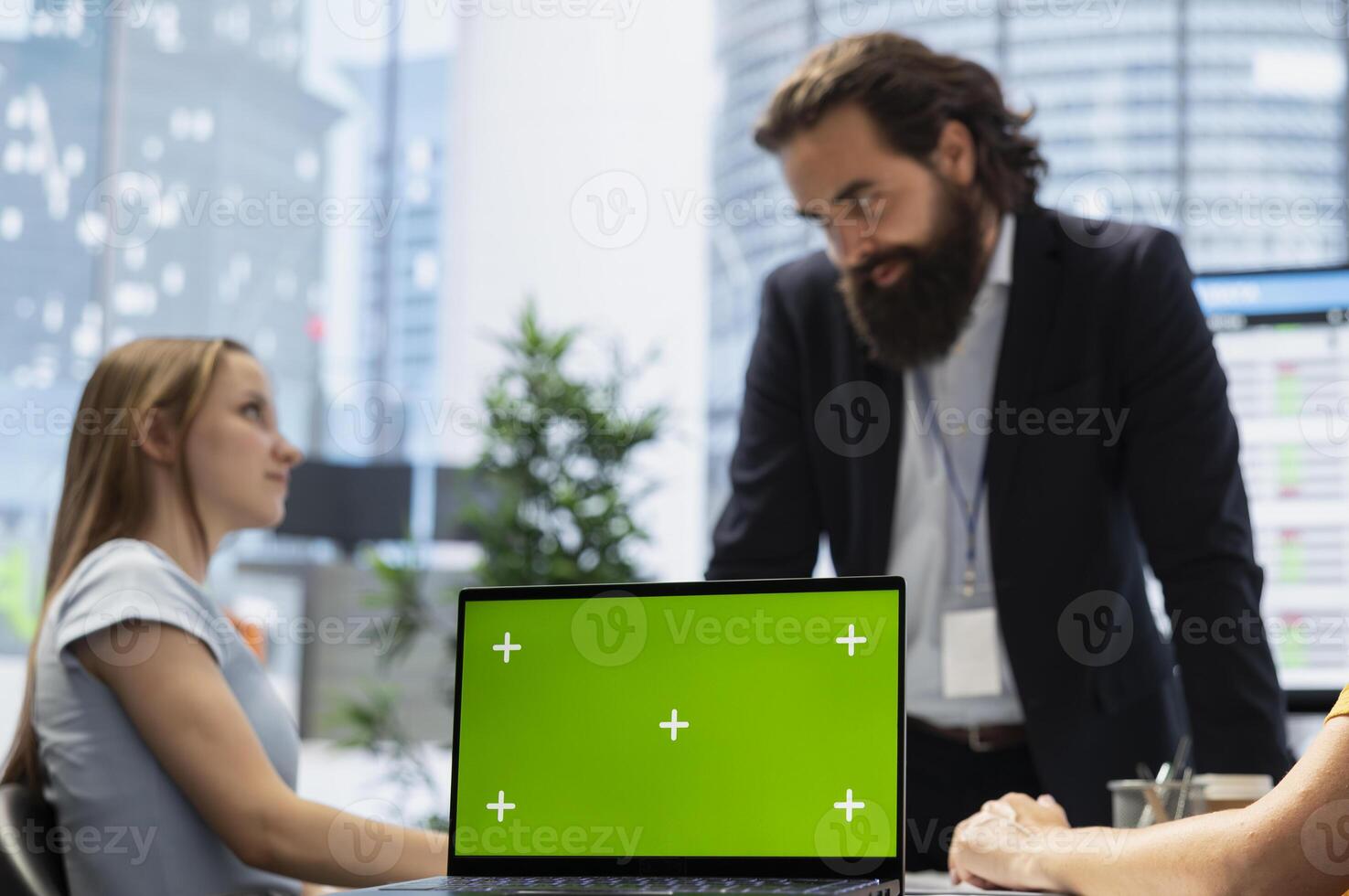 Financial adviser presents market analytics on isolated screen laptop to clients, teaching them how to build portfolio. Broker showing stock exchange charts on chroma key notebook to family photo
