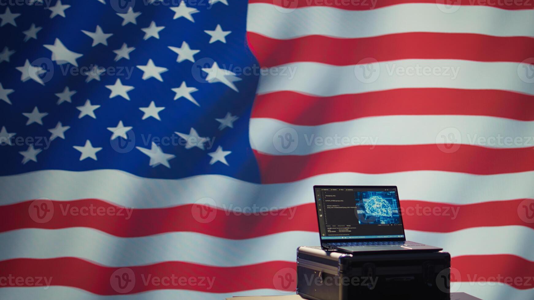 American programmer combating enemy bot accounts on social media with AI technology. Technician working for USA CIA agency building artificial intelligence algorithms to detect fake news, camera B photo