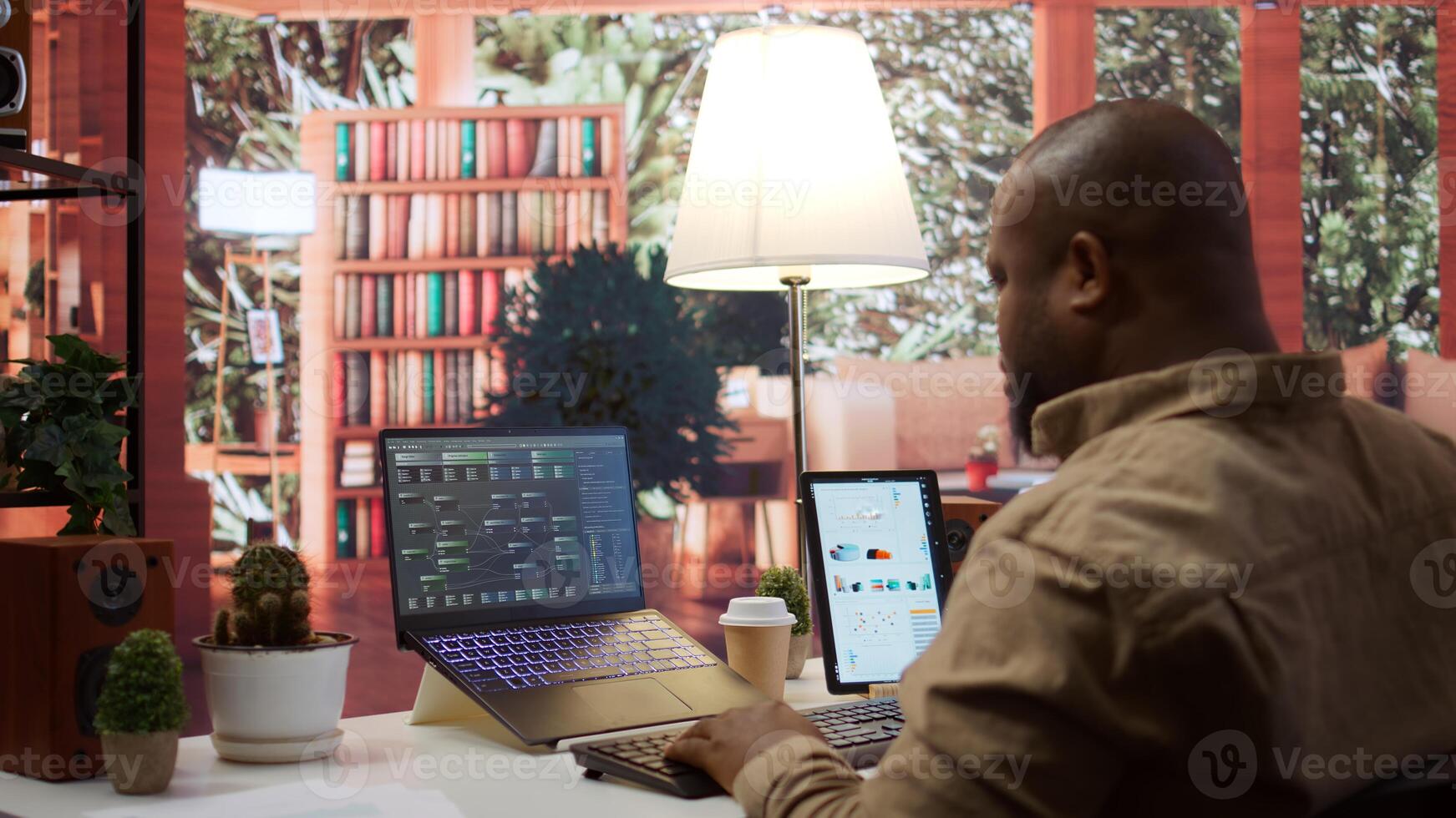 AI software engineer coding modern innovative development project on his gadgets, showcasing machine learning and data processing on neural network. Artificial intelligence business. Camera B. photo