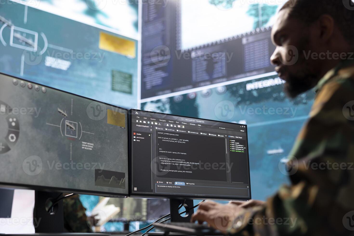 Intelligence agents in a modern operations center managing surveillance activity and synchronizing security protocols. Army power base staff interpret real time data to protect national interests. photo