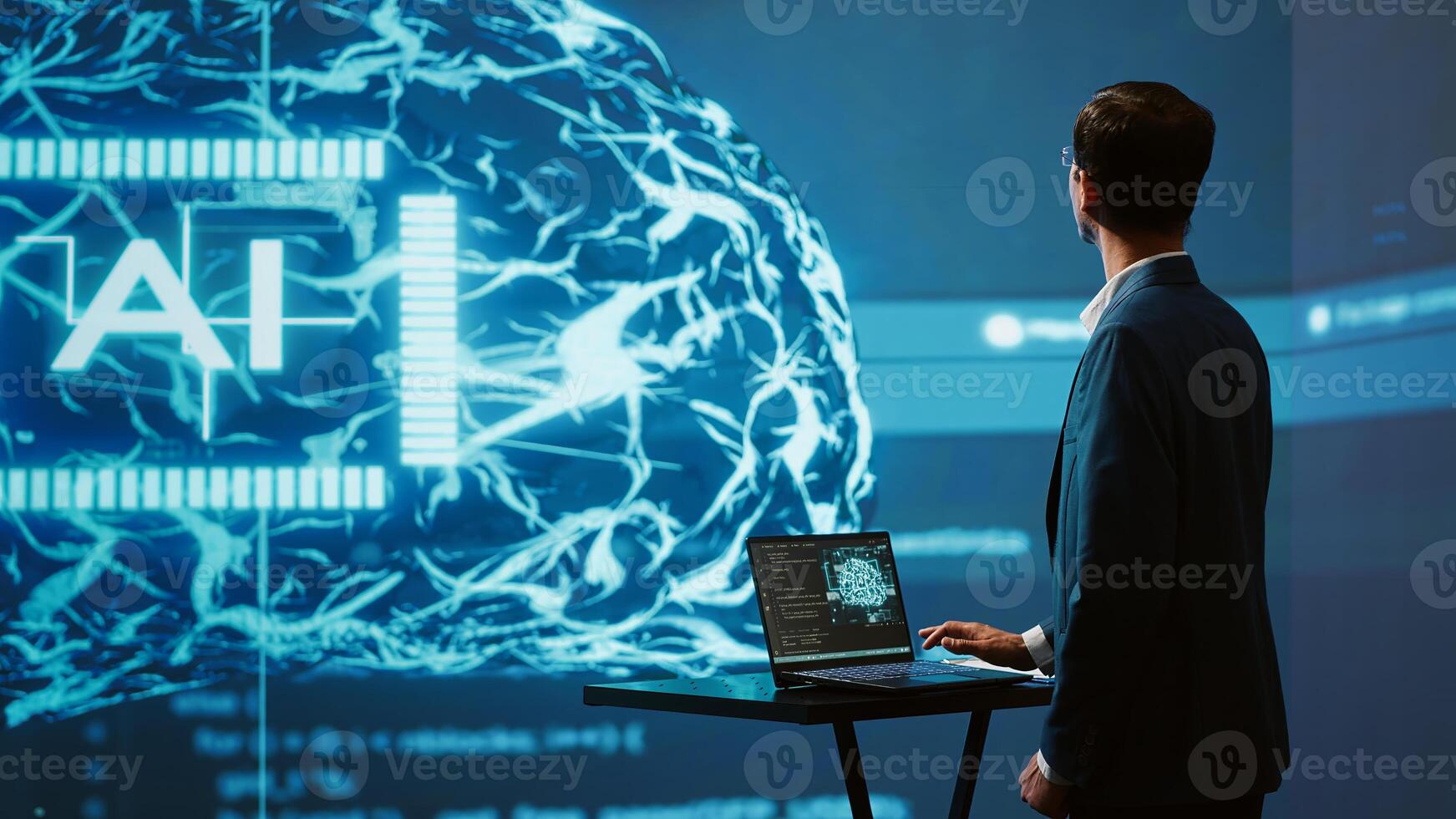 System administrator uses neural networks modeled after human brain to solve complex problems. AI researcher in futuristic workspace using artificial intelligence to look at data, camera A photo