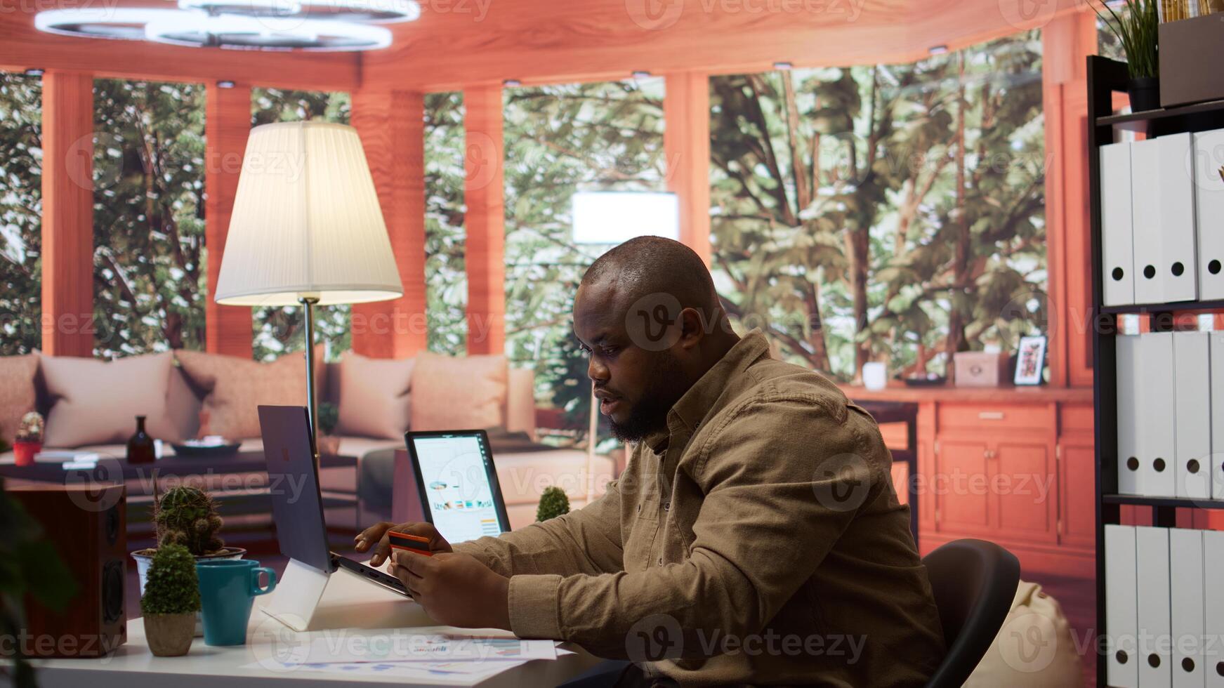 Business owner makes a payment with his card for online shopping at his home, electronic banking to buy resources for his startup. Entrepreneur purchasing something on laptop. Camera B. photo