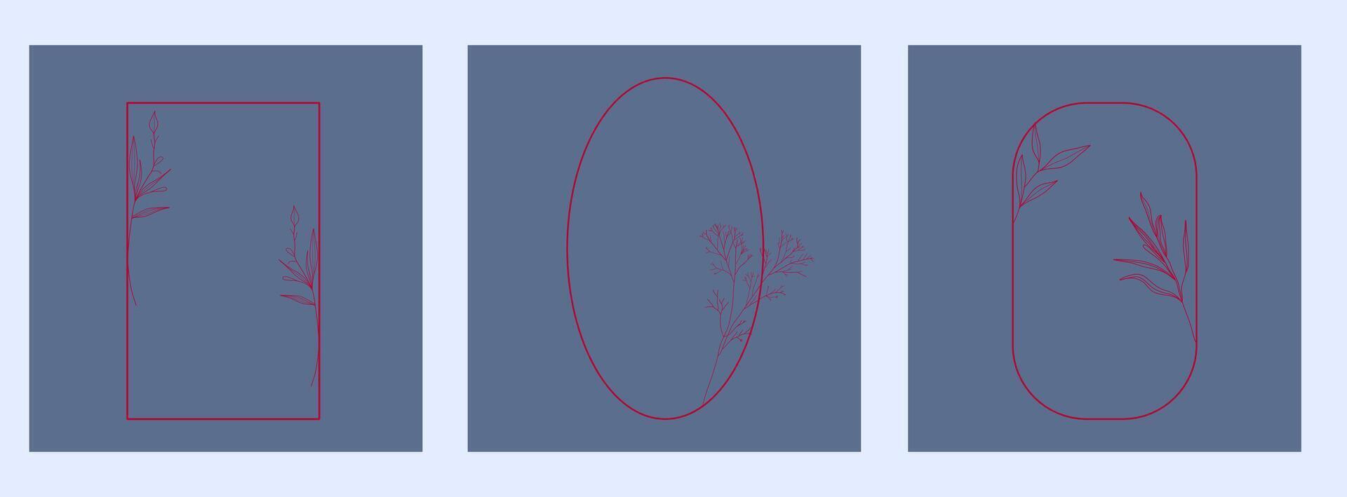 Minimalist botanical frames featuring delicate line art of leaves and plants. Botanical greeting cards. vector