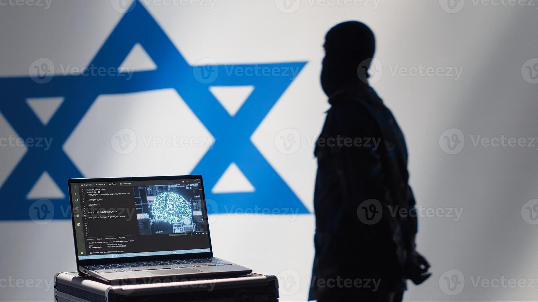 Israeli programmer making bot accounts on social networks using AI machine learning. Technician working for Mossad building artificial intelligence algorithms to spread fake news, camera A photo