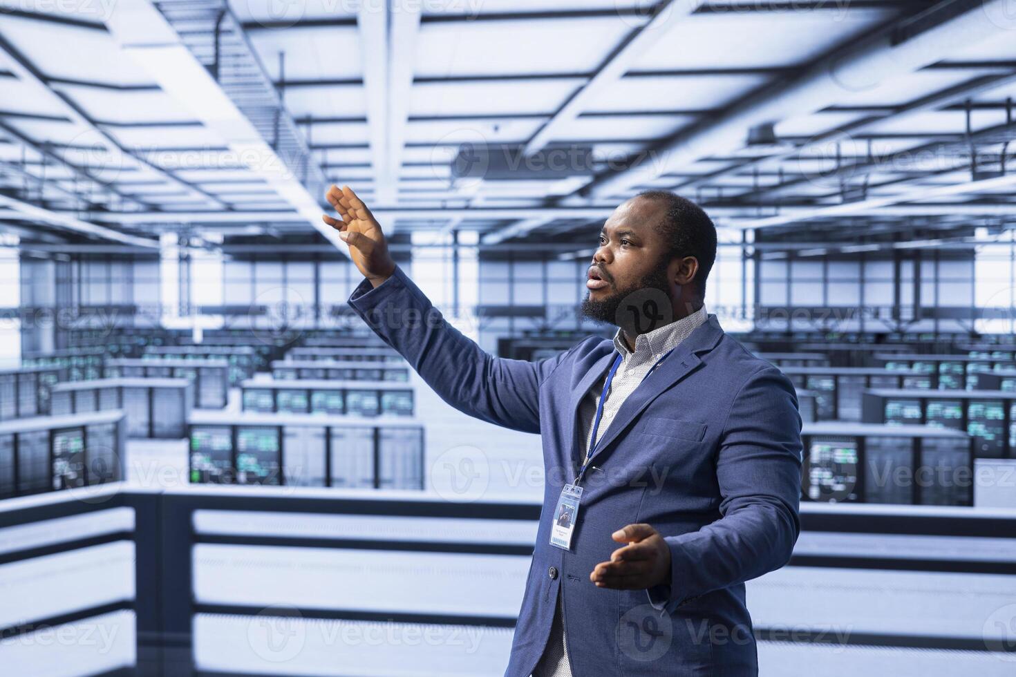 Engineer in data center implementing backup solutions to protect against data loss using AR hologram visualization. Server room worker resolving technical issues using augmented reality technology photo
