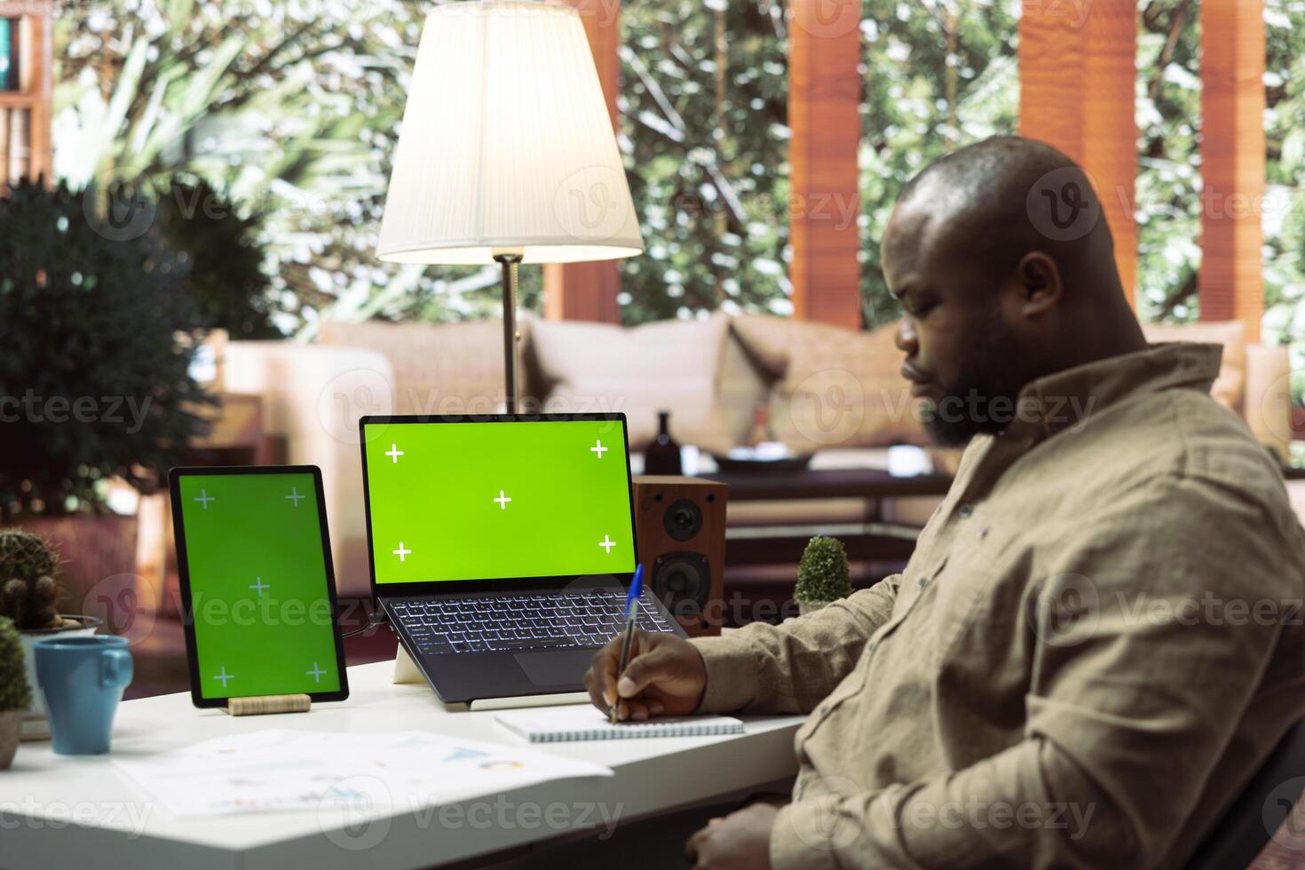 Focused expert takes notes and looks at isolated copy space screen, ensuring accounting balance for sales numbers. Entrepreneur increasing the business profit at his house. Infographics. photo