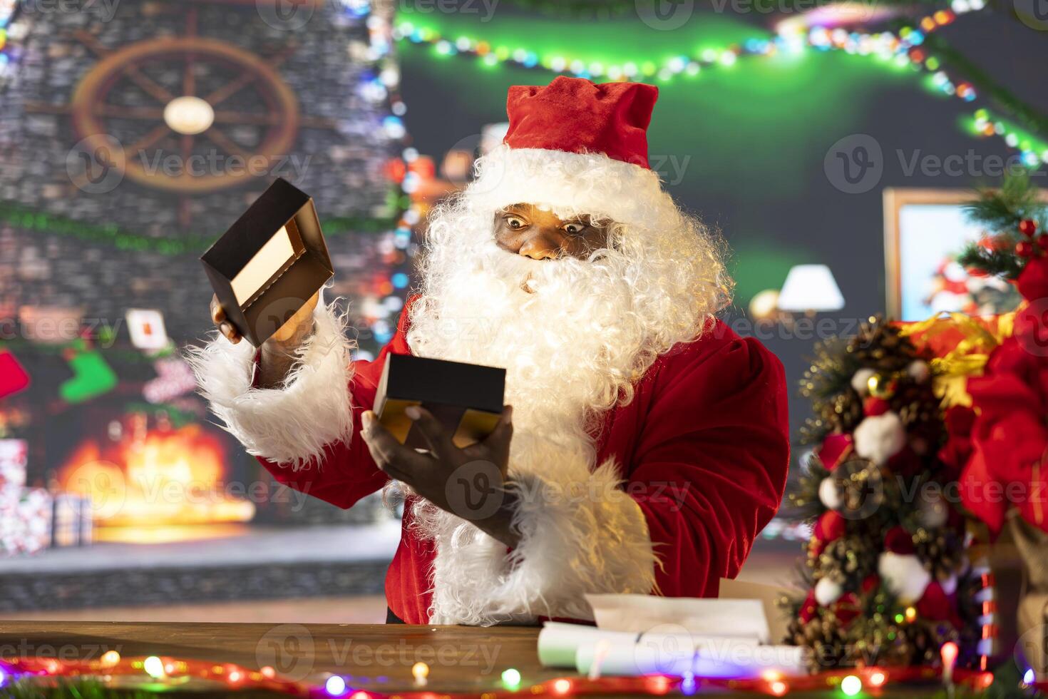 Saint Nicholas checking a gift box with a light shining bright from it, opening all the presents before leaving on the Christmas eve journey. Black Santa verifying the toys as a holiday preparation. photo