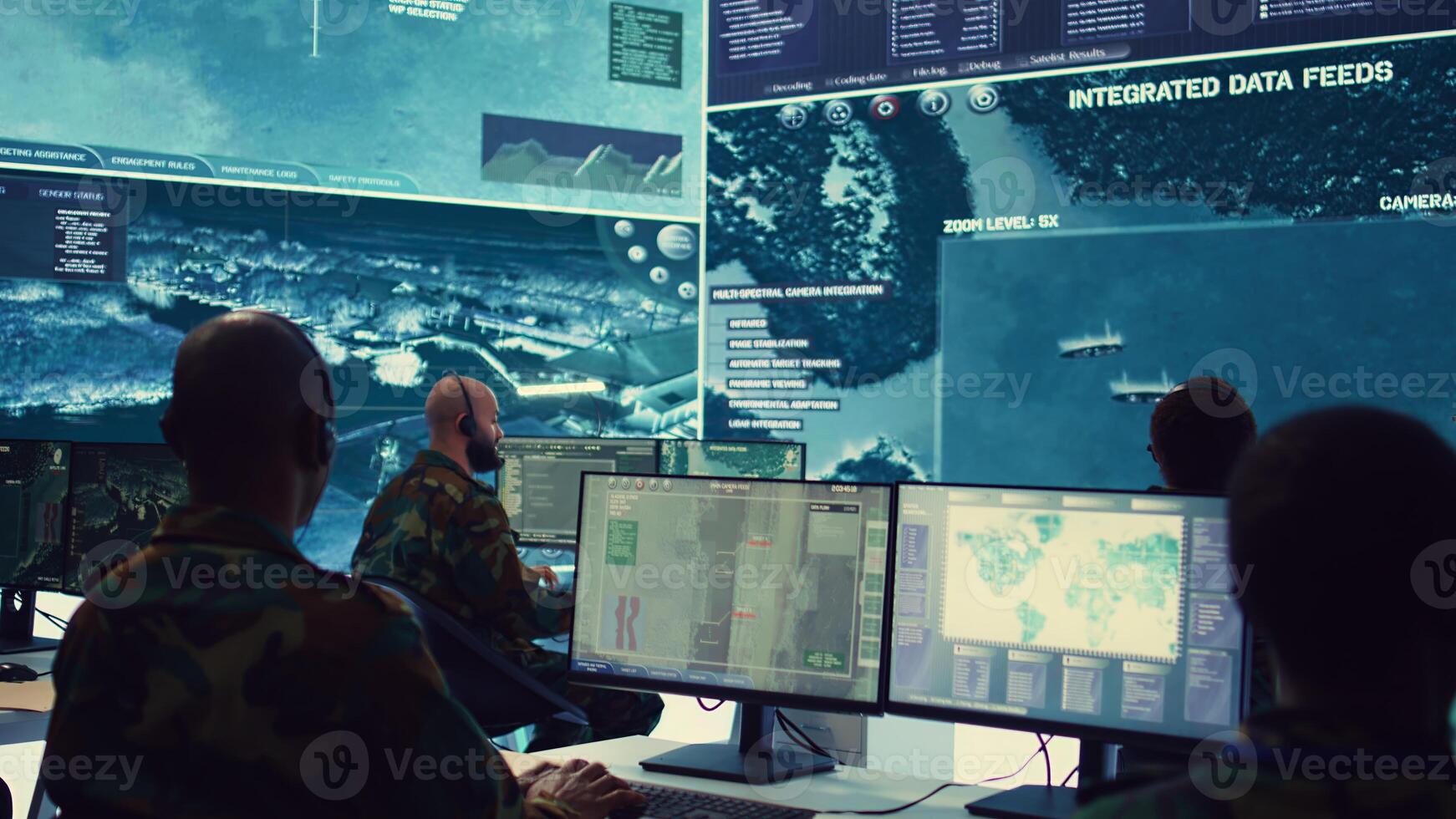 Anti terrorism division controlling marine activity around the national waters, ensuring protection and safeguarding the coastal ports from hostile ships. Diverse team of army officers. Camera B. photo