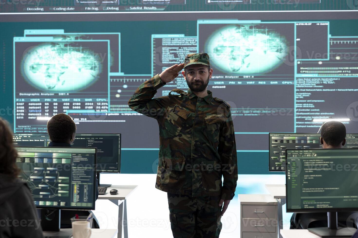 Armed forces cyber security team conducting top secret investigations, using advanced technology for secure communication and threat detection. Classified military information. photo