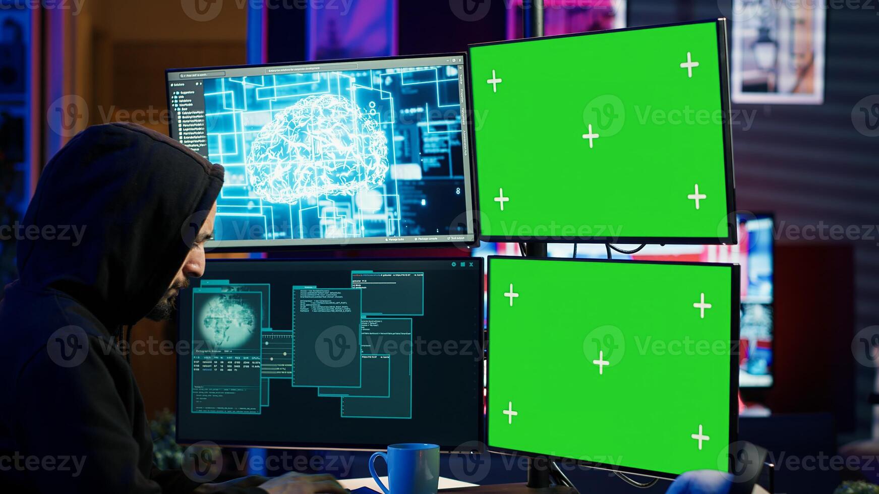 Hacker using AI and green screen computer monitors to produce malicious malware corrupt company data. Evil man working on mockup desktop PC using artificial intelligence, infecting systems, camera A photo