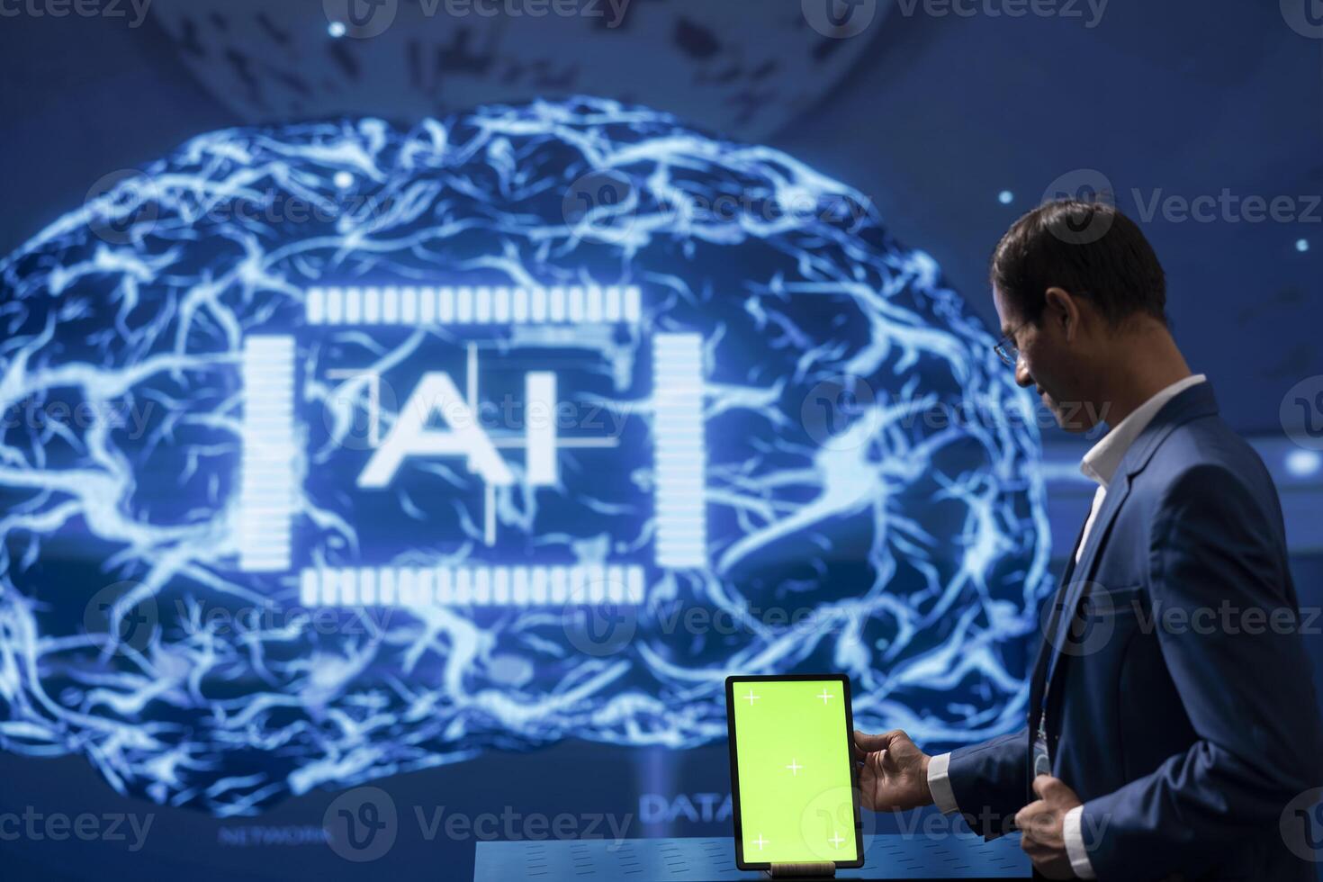 Admin in startup doing advancements in AI field using mockup notebook. Man working on green screen laptop in cutting edge workspace featuring artificial intelligence and neural network systems photo