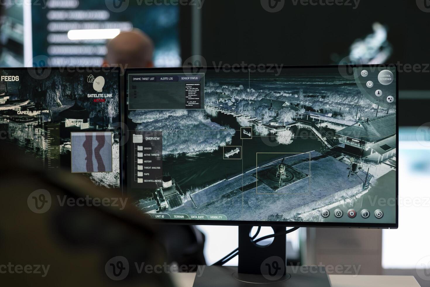 Military personnel working in reconnaissance control tower army base, monitoring air and sea traffic via CCTV surveillance system. Federal defense agency staff protecting the national coast premises. photo