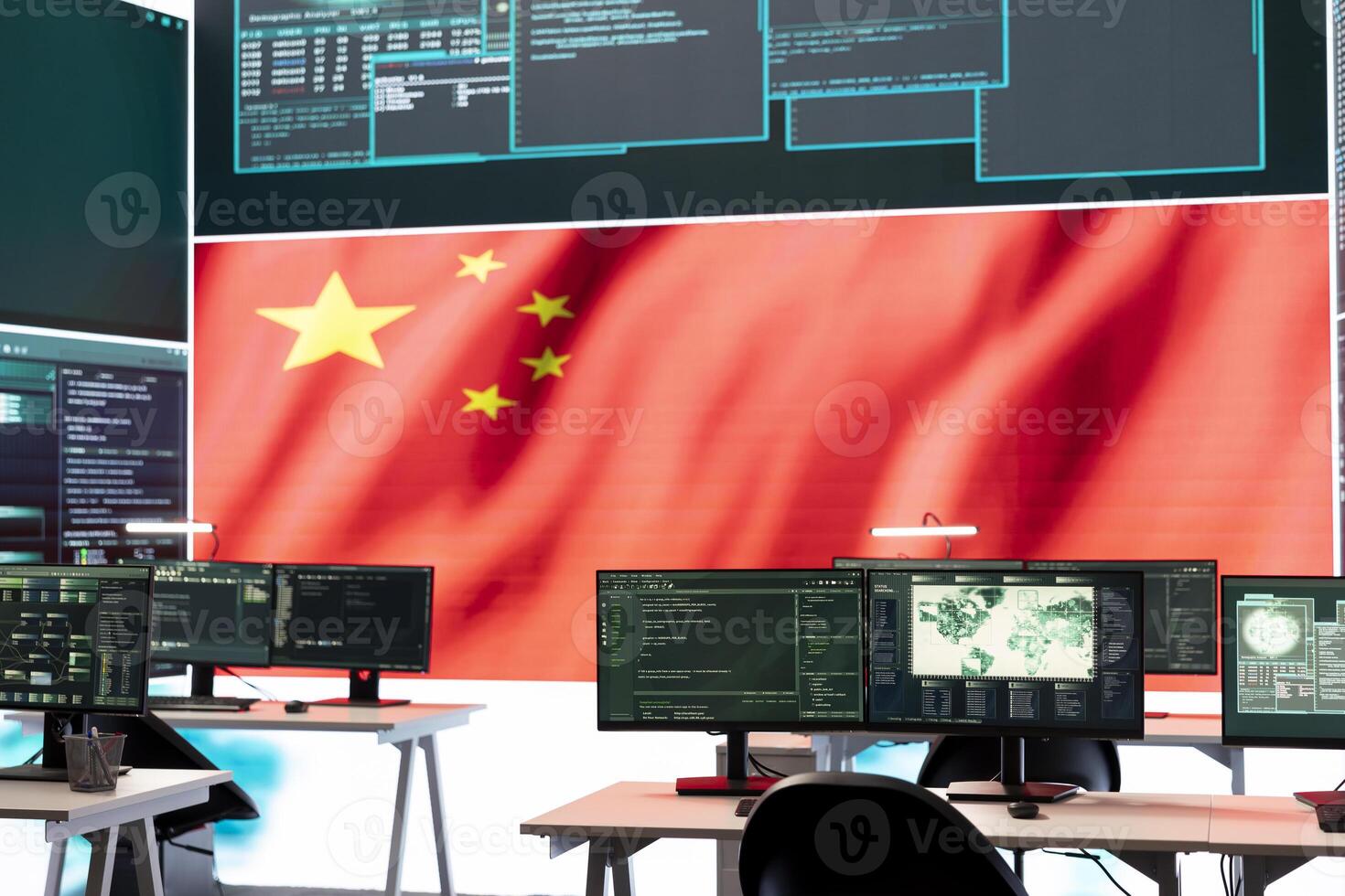 Empty governmental hacking room with chinese flag on a big screen, cyberwarfare and misinformation. Chinese propaganda, fake news and the spread of disinformation during a hybrid war. photo