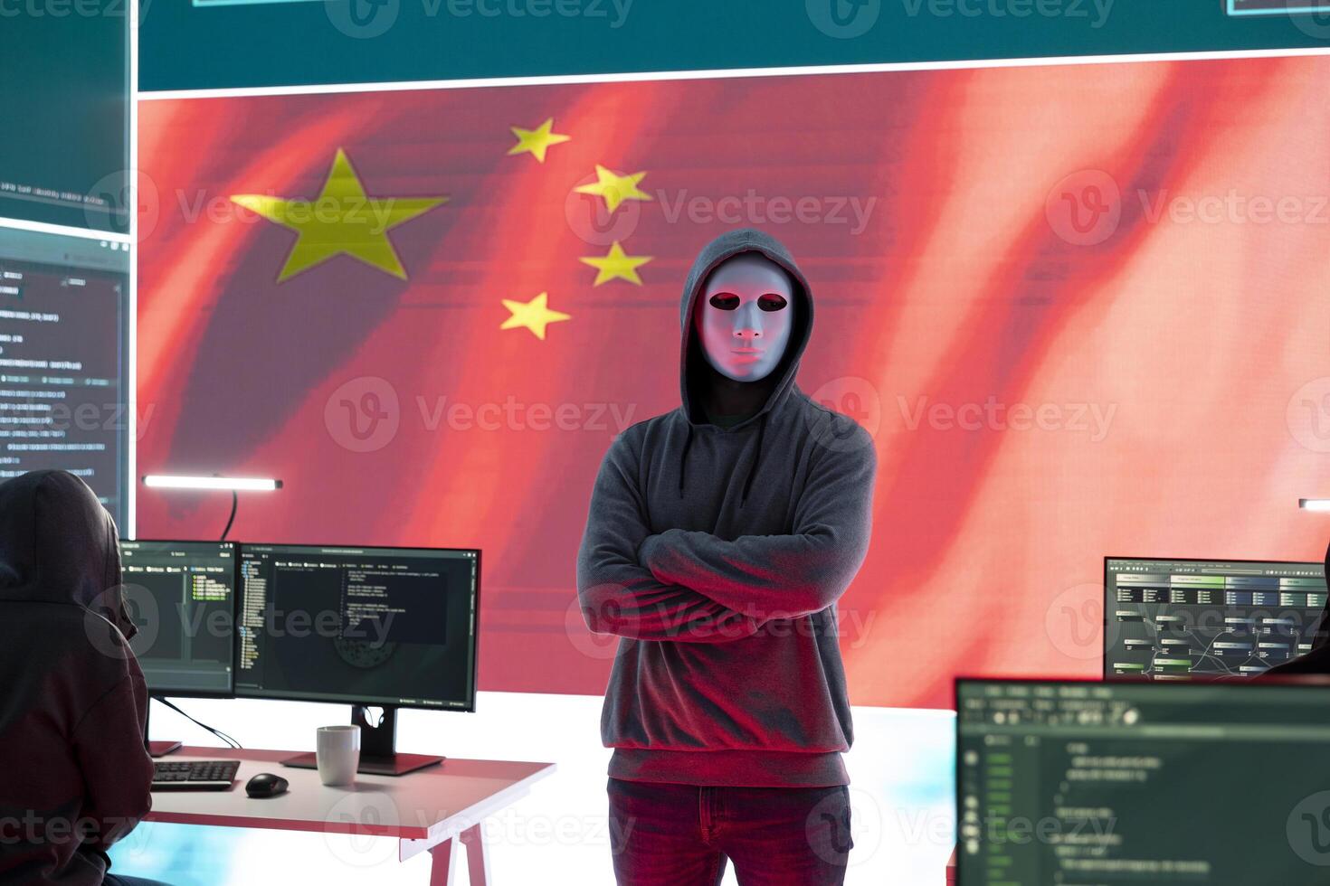 Chinese cyber forces hacking computer systems in a governmental agency, fake news and brainwashing for the communism ideology. Anonymous cyberterrorism and malicious activities. photo
