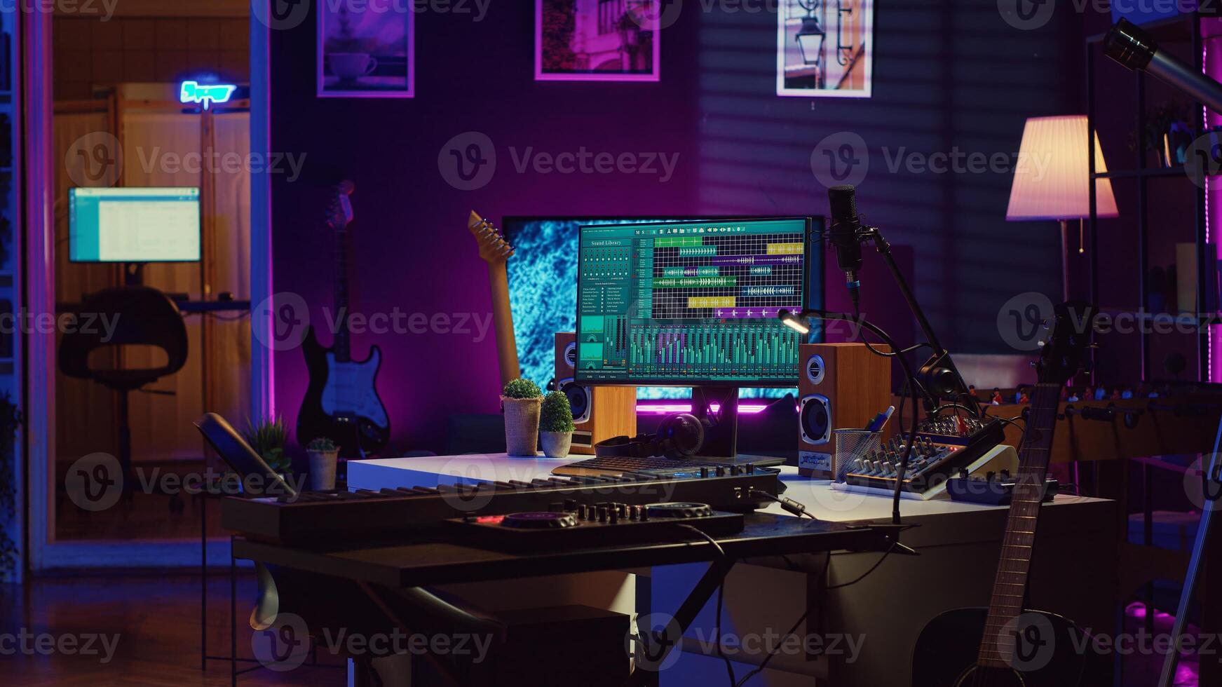 Empty home studio filled with recording and mixing instruments, electronic devices and daw software used for music production and acoustics. Modern bright space with soundboard panel. Camera A. photo