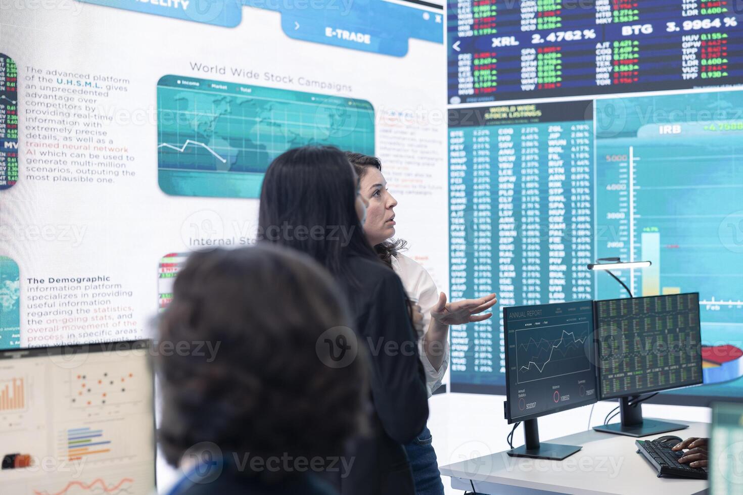 Professional forecast affiliates group work in monitoring room, making crucial decisions together to ensure objectives accomplishment and work on international business expansion. photo