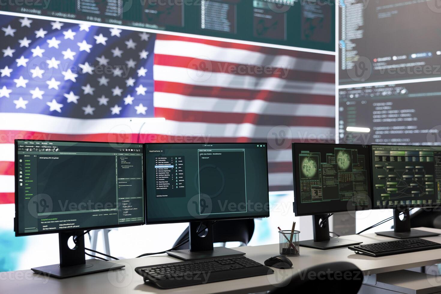 Empty governmental surveillance room shows an American flag, cybersecurity and data protection. High tech operations center focusing on threat and malware detection, security protocols. photo