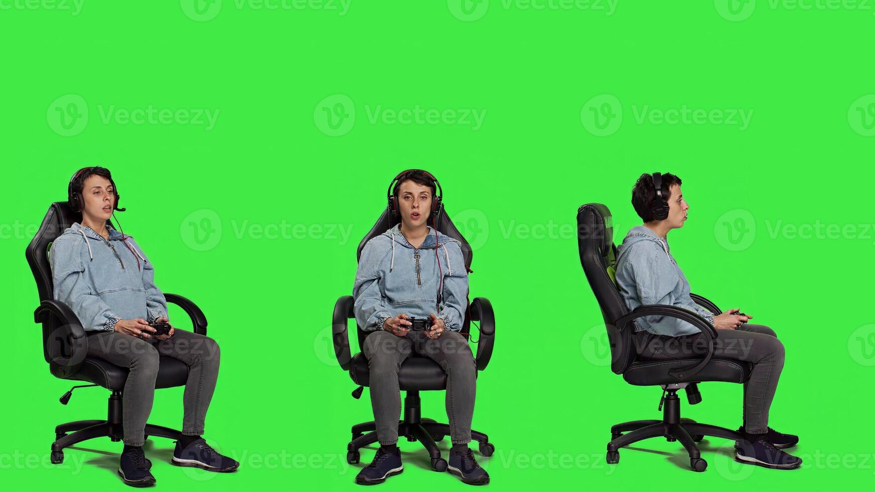 Young adult playing games online with her friends, using headset to connect with people and play in shooter tournament. Gamer having fun with gaming competition, multiplayer. Camera A. photo
