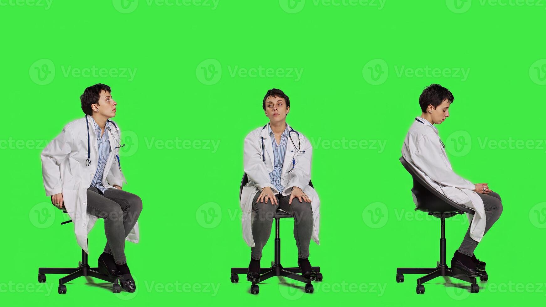 Physician in white coat waiting for patients at consultations, feeling impatient sitting on a chair against greenscreen backdrop. Medic practitioner with stethoscope waits for people. Camera A. photo