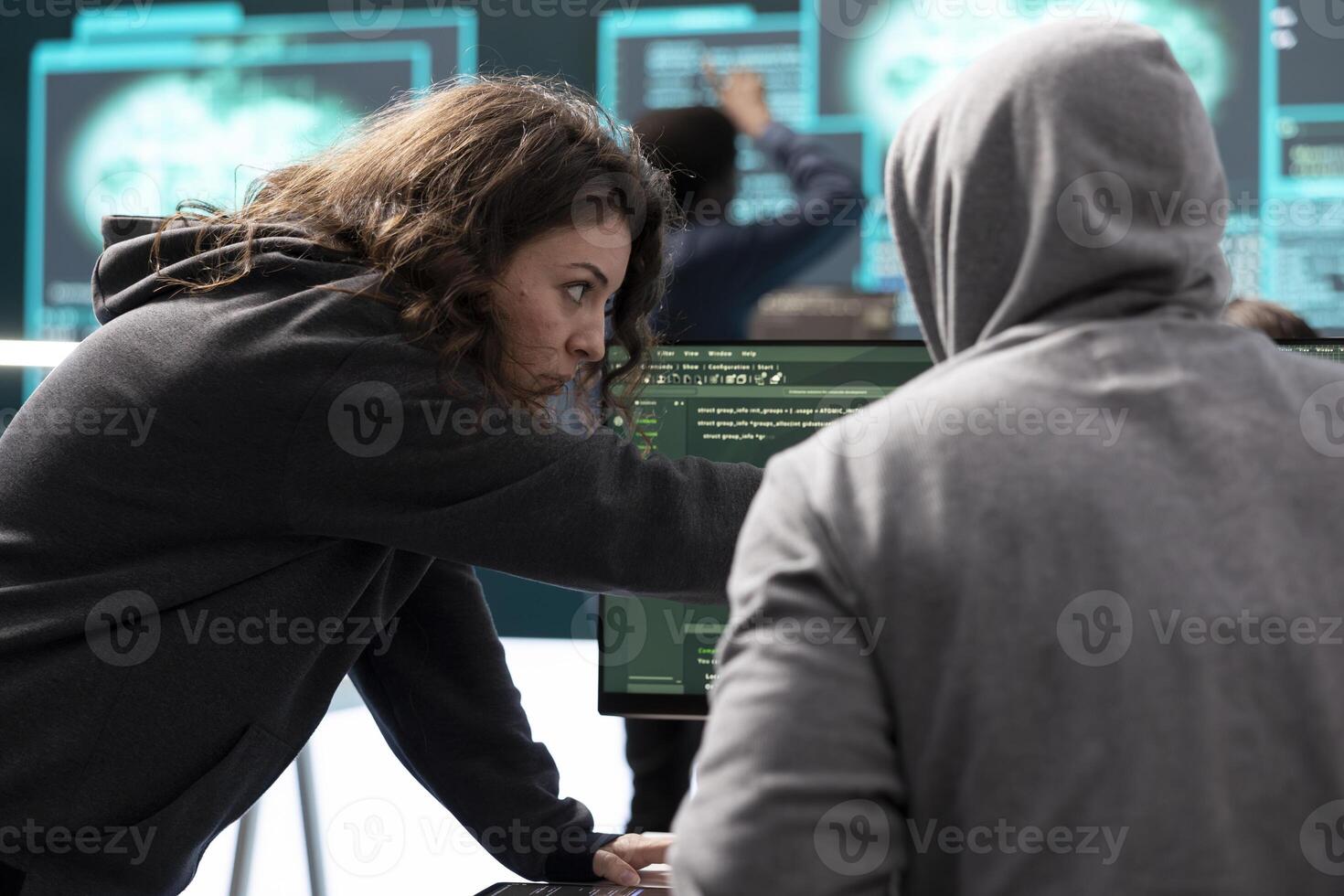 Governmental hackers working together on digital security and cyber defense measures. Engaging in cyber operations, network security and data protection during information war. photo