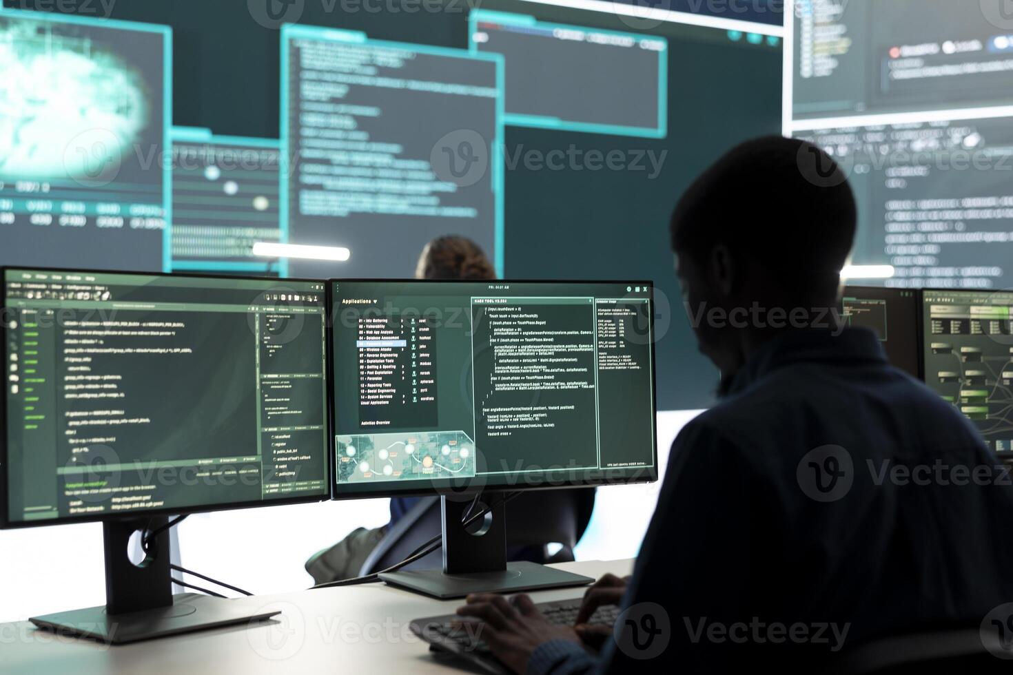 Cyber security experts women working on spyware and malware detection in a governmental agency. Examining server information on a big screen to combat cyberterrorism and cyberwarfare. photo