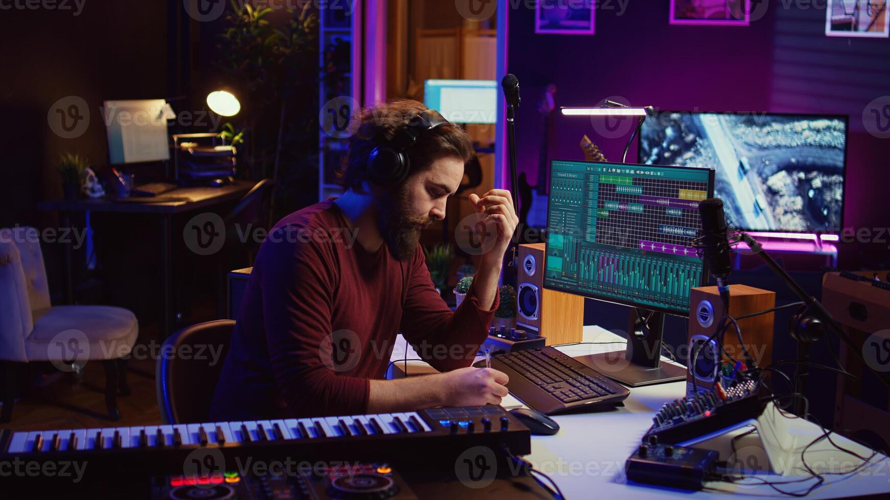 Musician artist taking notes composing new song in his home studio, writing down lyrics and musical notes before recording his melody. Songwriter producing music with daw software tools. Camera B. photo