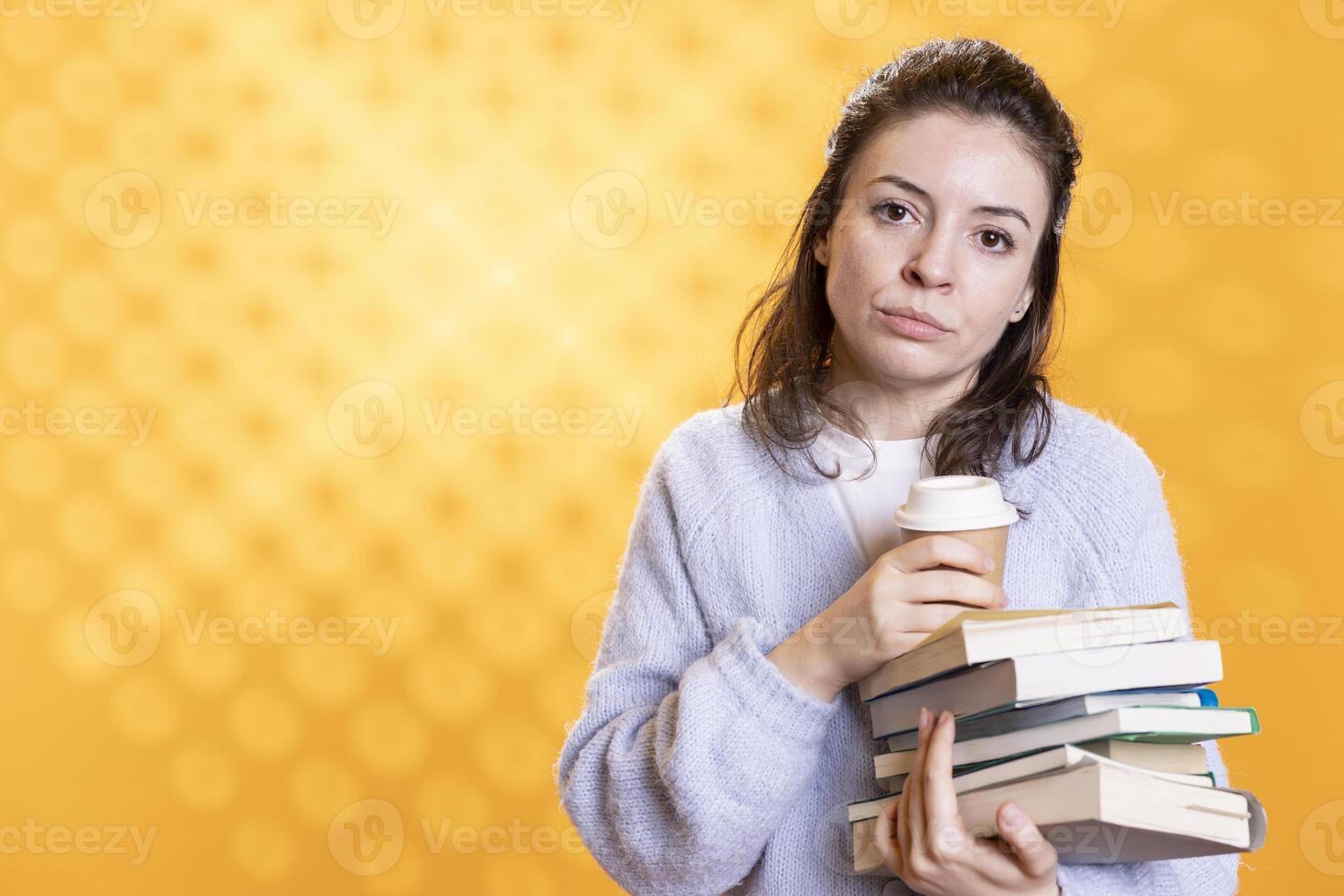 Portrait of tired woman with stack of books in hands and cup of coffee, isolated over studio background. Exhausted bookworm holding pile of novels and caffeine beverage, lacking energy photo