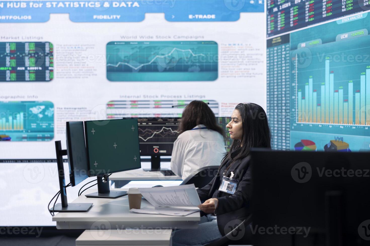 Business analyst reviewing performance indicators in office space, looking at a pc display with isolated copy space. Woman working on enterprise global expansion plans. Teamwork. photo