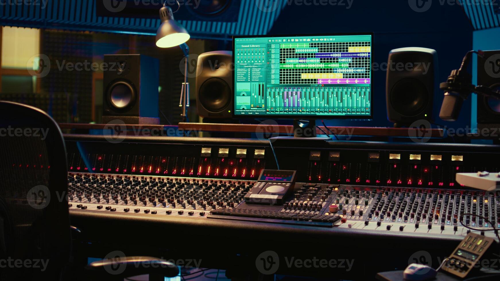 Empty control room professional studio used in music recording industry, mixing console and post production equipment. Soundproof space with daw software, faders and audio editing tools. photo