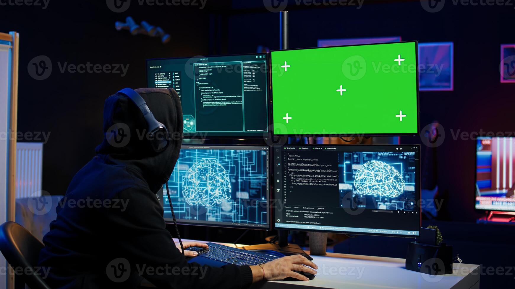 Cybercriminal using AI machine learning and isolated screen PC to develop system exploits. Hacker using artificial intelligence tech and mockup monitor to build script tricking firewalls, camera B photo