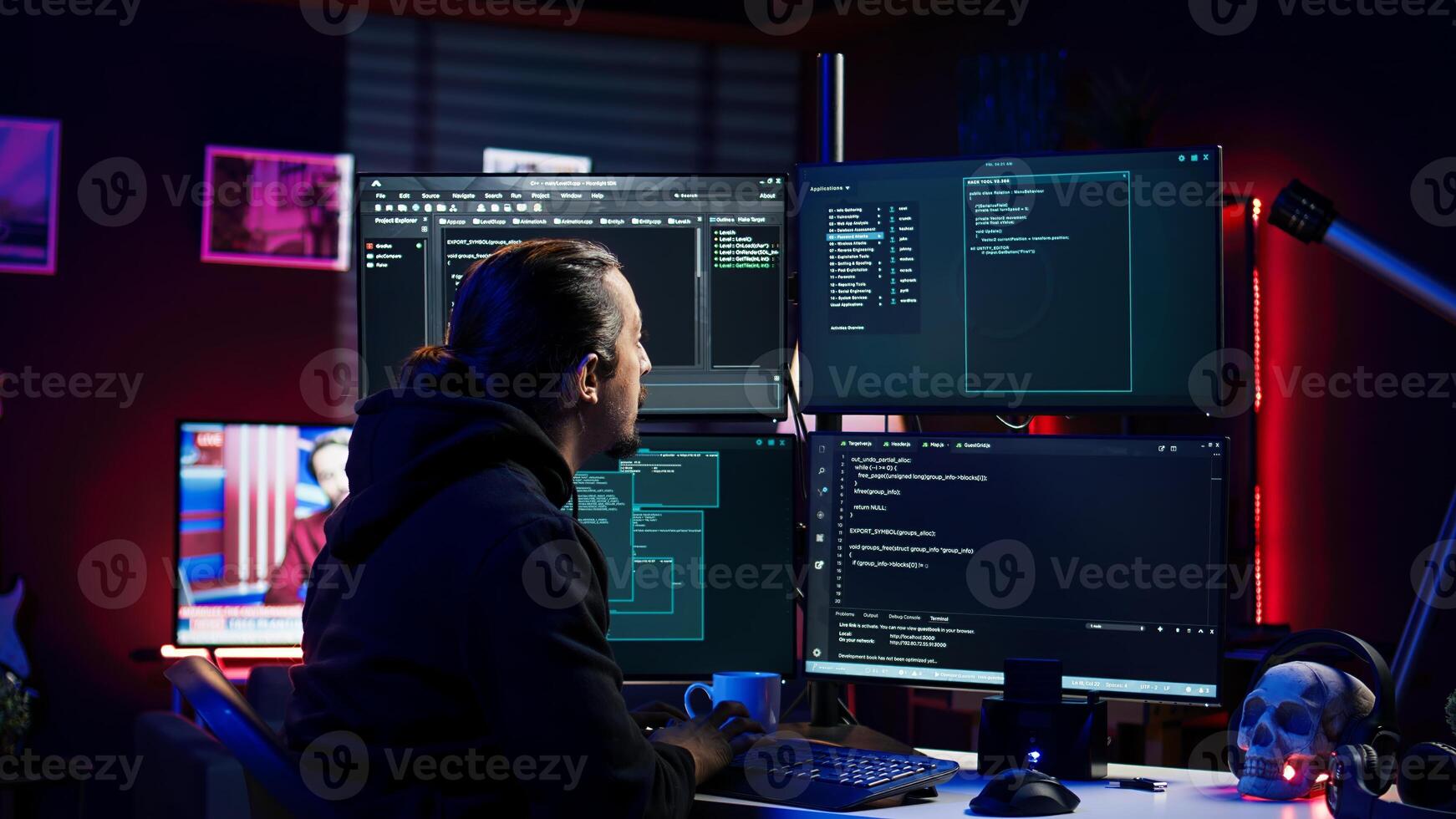 Hacker in secret hideout typing on keyboard, trying to hide online activity after stealing data. Scammer attacking victims computers using malware while trying to avoid being detected, camera B photo