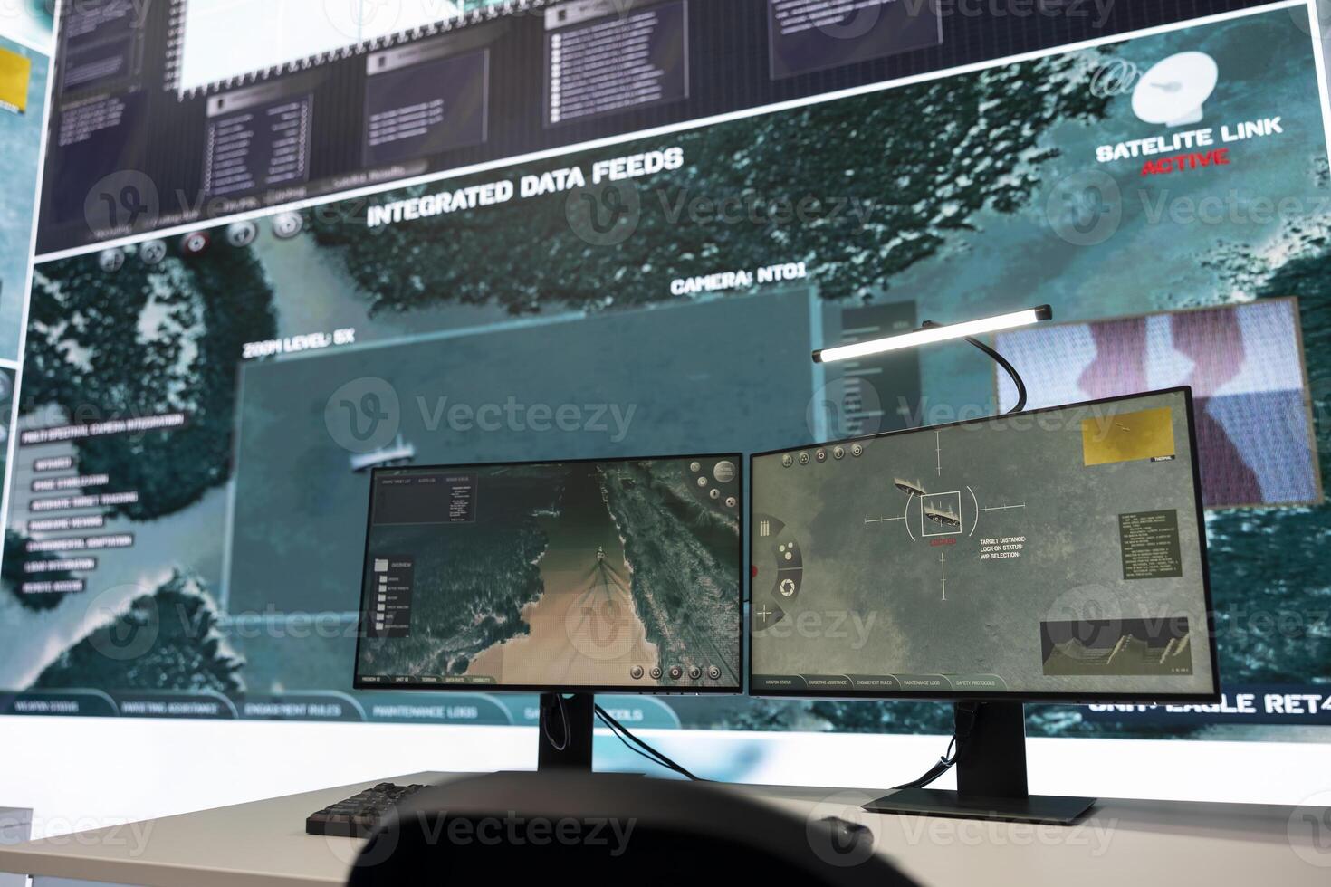 Government anti terrorism control room equipped with a big screen and radar surveillance system on satellite used for reconnaissance. Empty military power base gather intelligence. photo