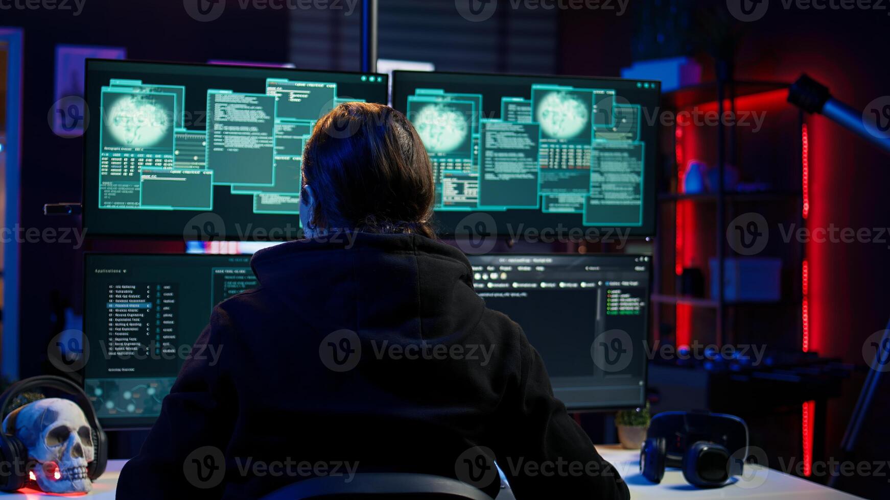 Cheerful cybercriminal celebrating after managing to get past security systems, hiding in secret HQ. Joyous hacker feeling proud after breaching defenses using rogue scripts, camera B photo
