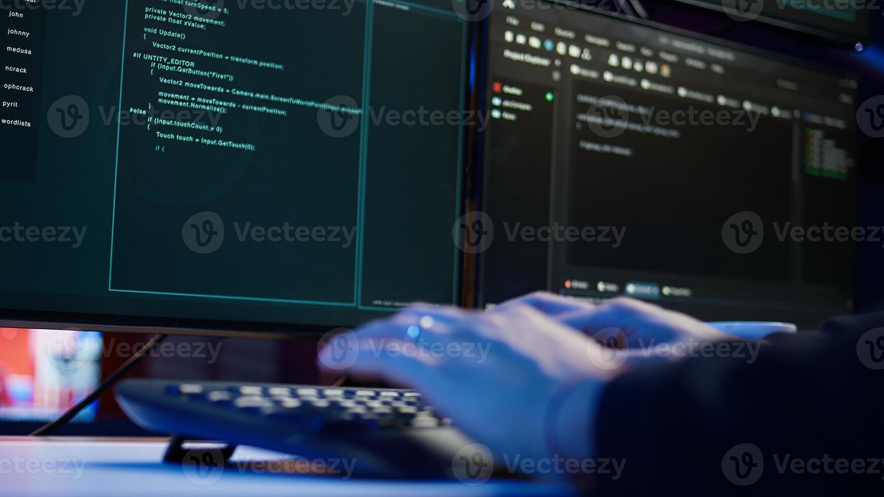 Cybercriminal illegally breaching security systems while hiding in secret HQ, close up shot. Scammer breaking down security systems firewalls using rogue scripts to steal sensitive data, camera B photo