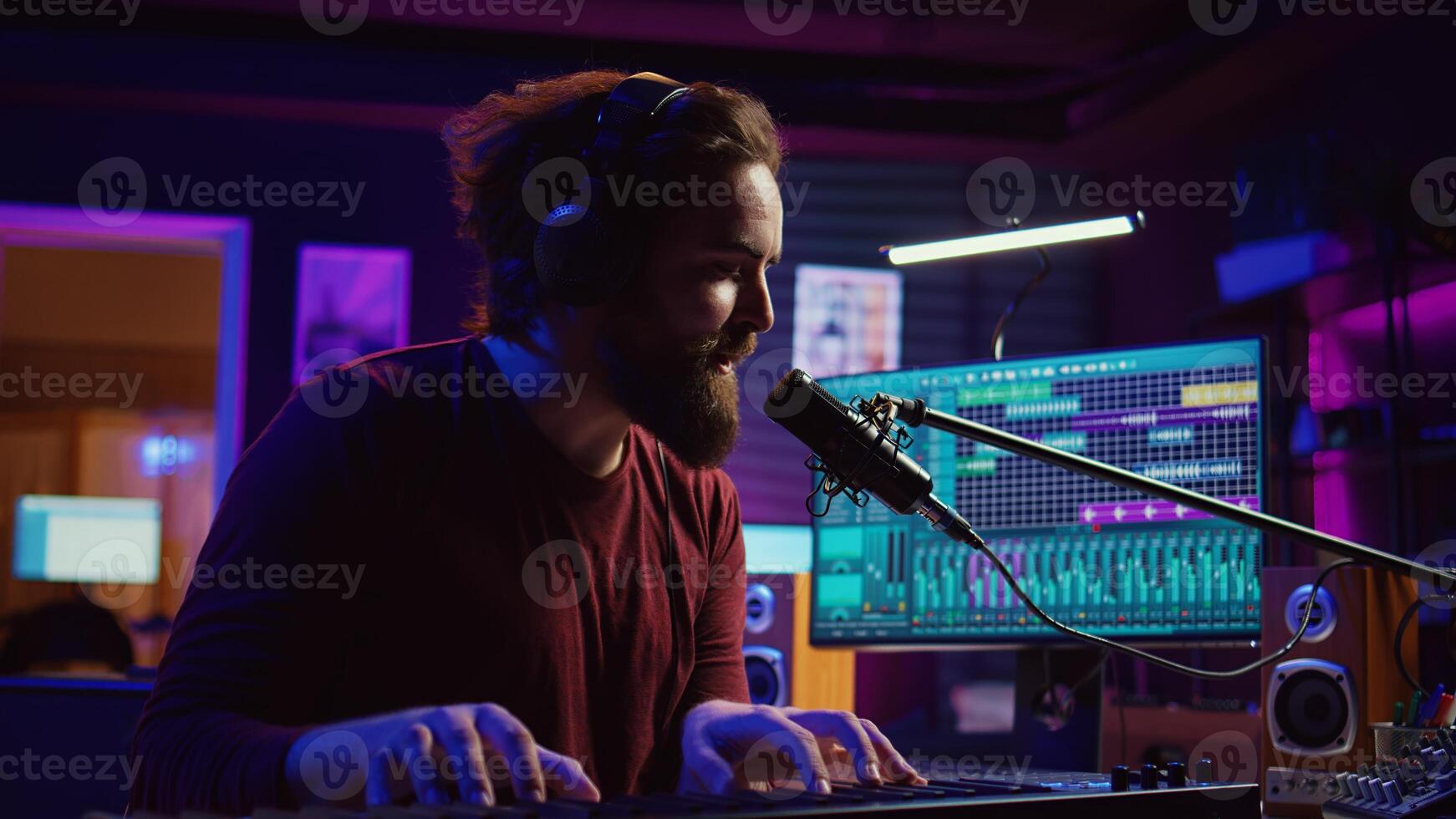 Musician playing piano midi controller and recording a new song, singing on microphone in his home studio. Sound engineer working on digital audio workstation, using electronic keyboard. Camera B. photo