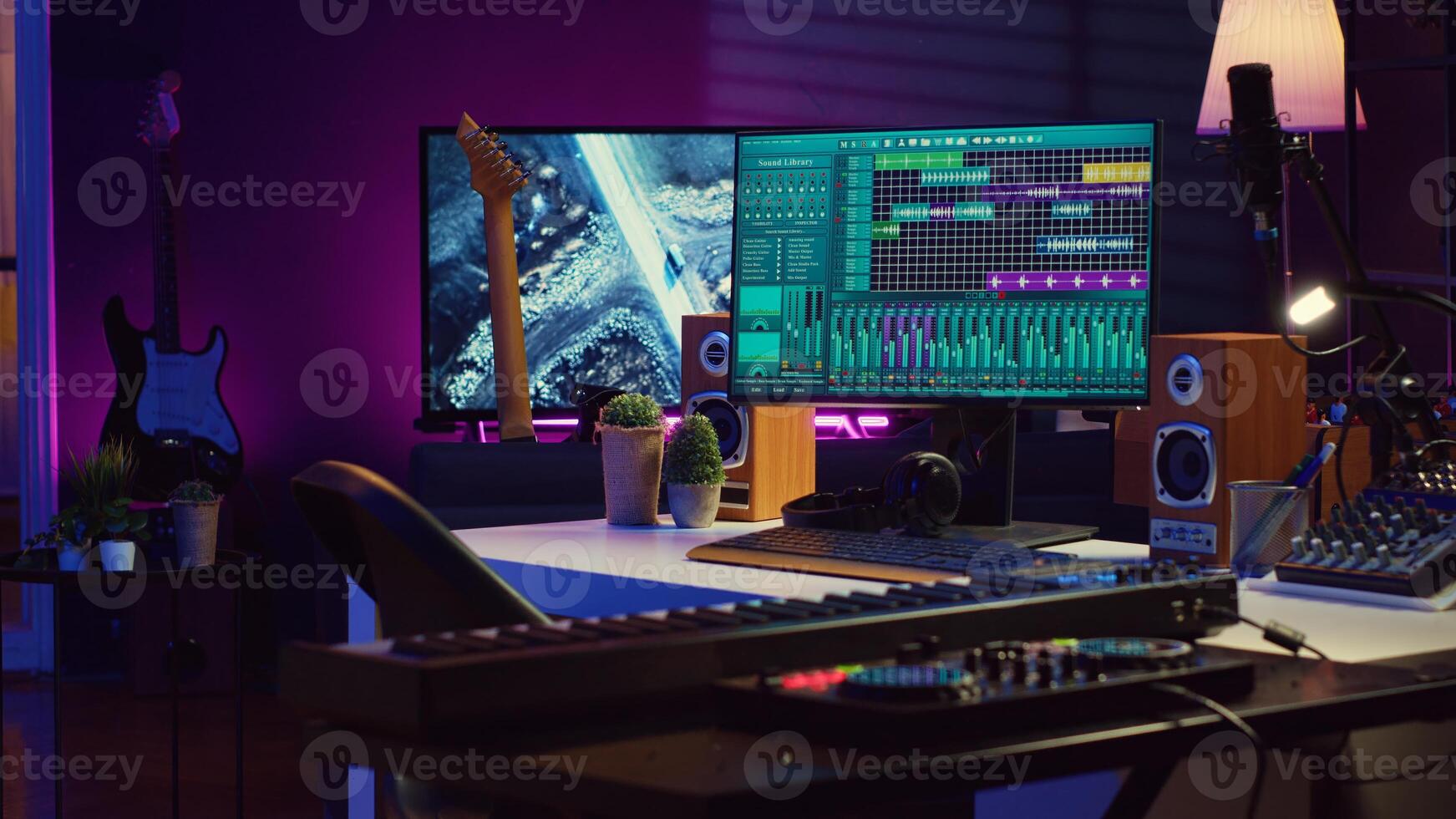 Empty space used for producing music and sounds with electronic devices, acoustics instruments and soundboard with controls. Home studio equipped with amplifier and mastering tools. Camera A. photo