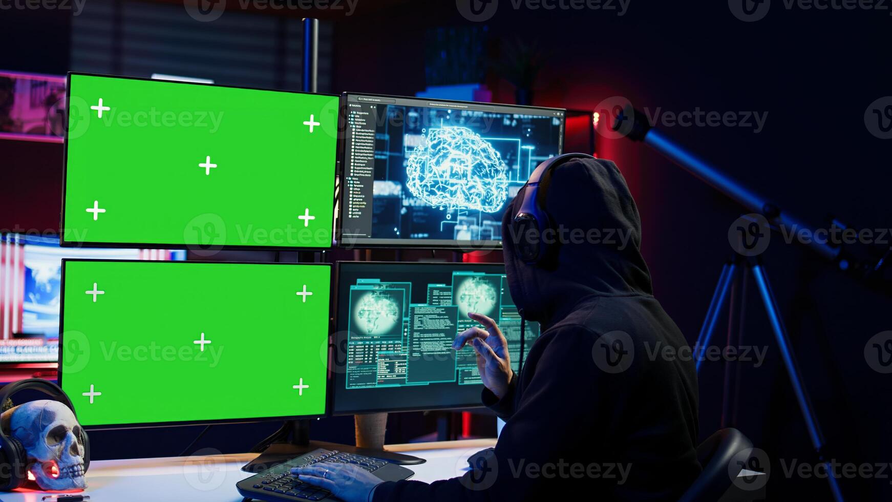 Cybercriminal using AI deep learning to produce virus corrupting data on mockup PC. Rogue developer working on isolated screen computer using artificial intelligence, penetrating security, camera B photo