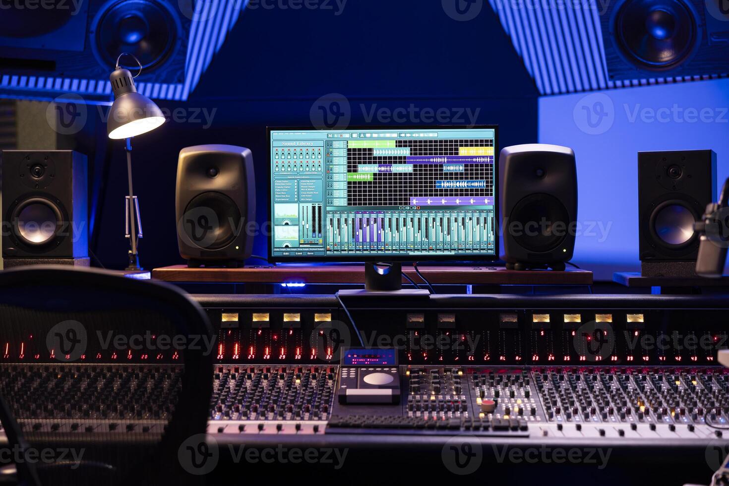 Music recording professional studio with modern editing and tracking equipment, control room with audio digital software and mixing console. Knobs and faders used to do mix and master on music. photo