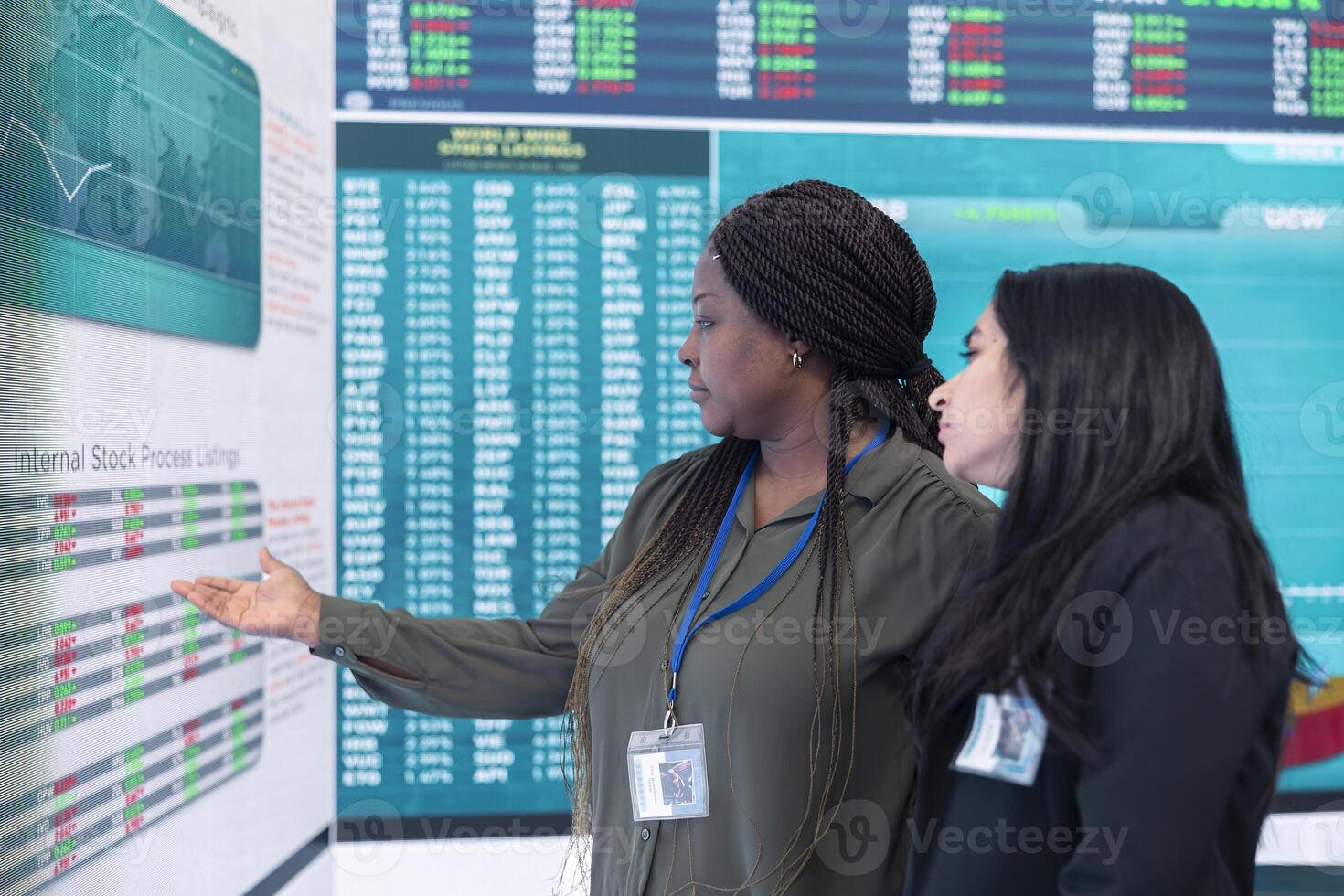 Diverse team of employees examine infographics on a big screen to evaluate supply and demand, ways of increasing organizational budget and develop the business internationally. photo