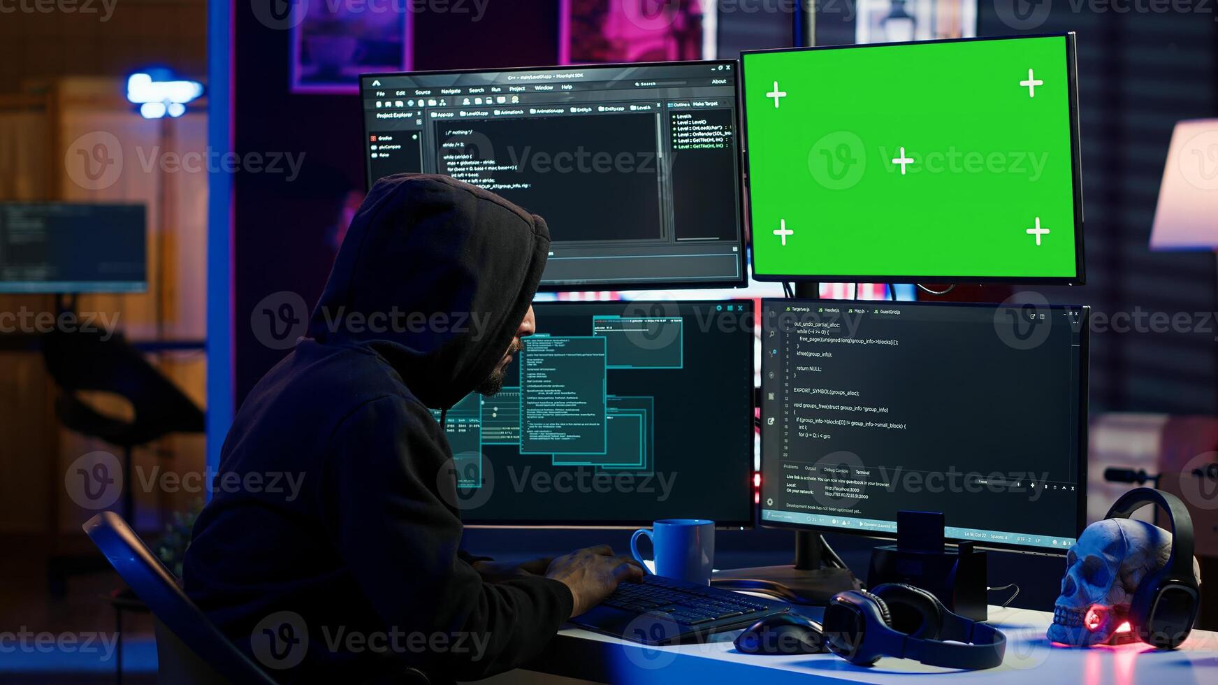 Hacker coding on isolated screen computer monitors, developing zero day exploit undetectable by antivirus. Evil IT engineer using chroma key PC displays to build script tricking firewalls, camera A photo