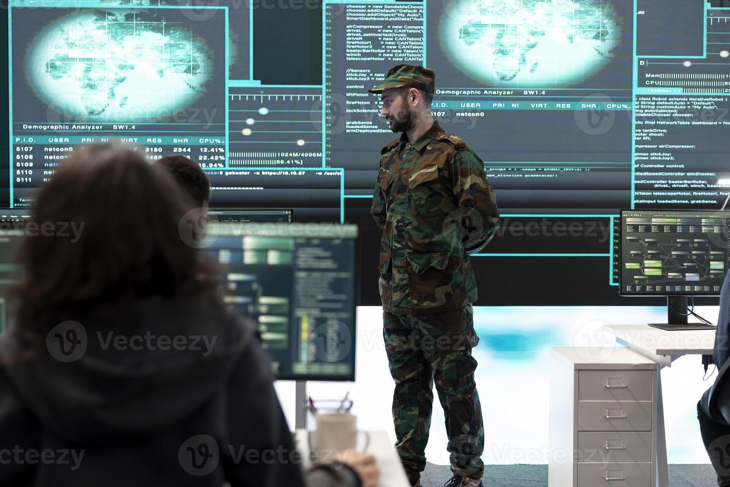 Government army hackers engaged in hybrid warfare strategies in agency office. Personnel using software and technology to secure information, prevent attacks and protect military operations. photo