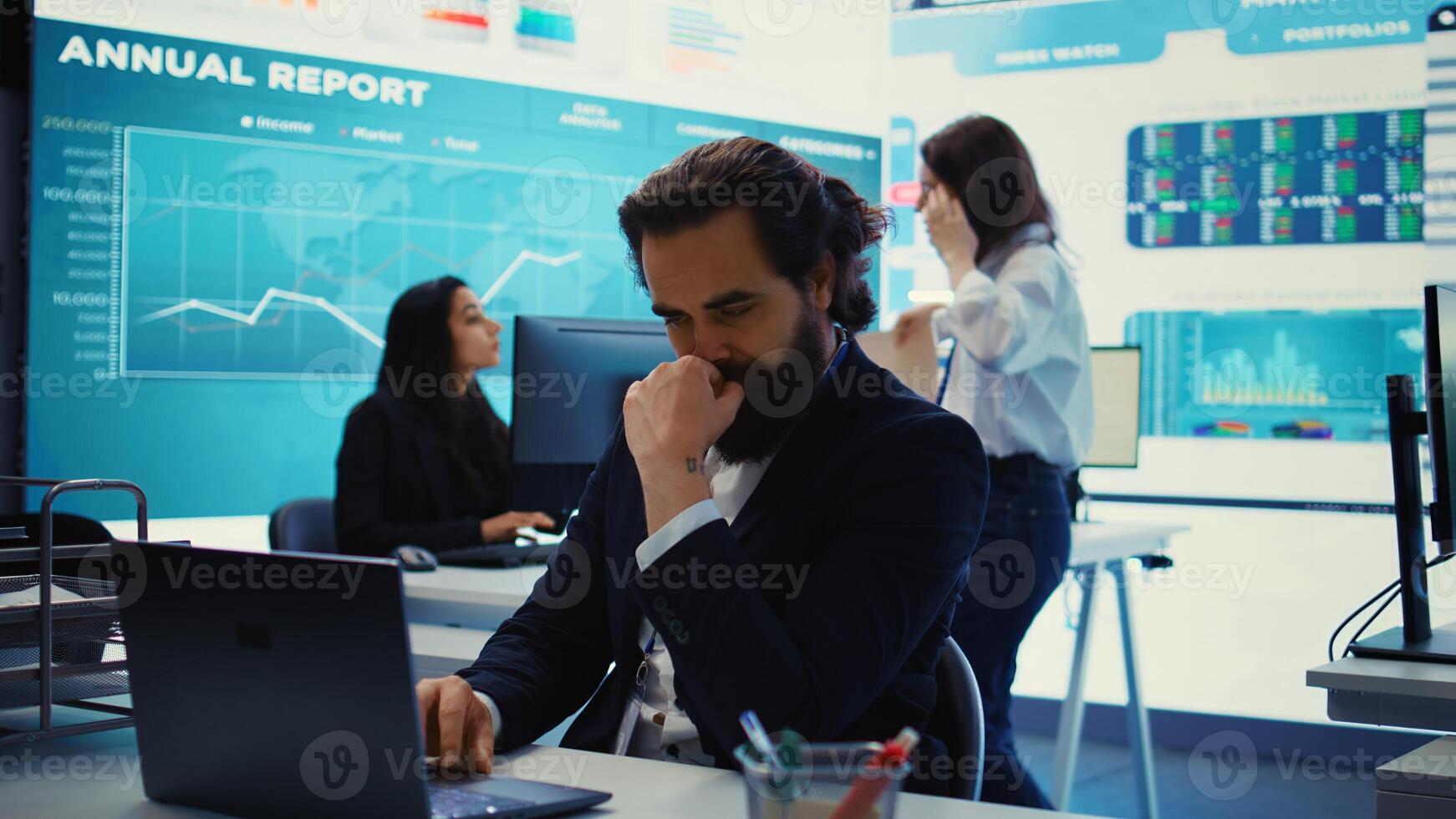 Executive officer analyzing infographics on sales to evaluate supply and demand, find ways of increasing organizational funds and develop the business globally. Strategic objectives. Camera B. photo