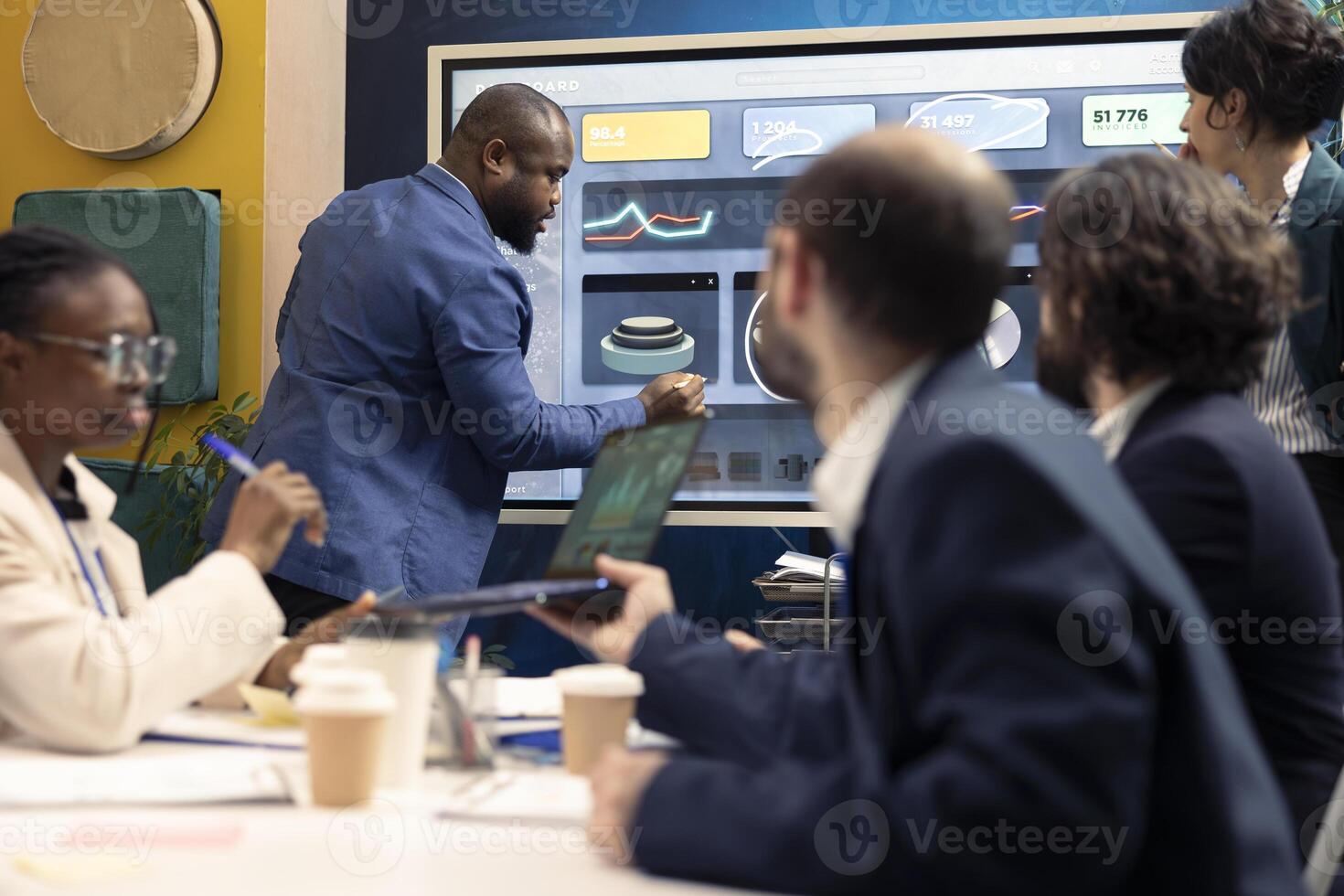 Forecast affiliates gathering infographics in briefing meeting, addressing brand differentiation strategies to highlight enterprise unique value in the market. Public relations development. photo