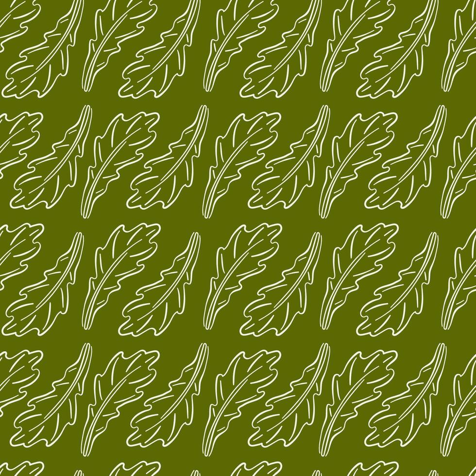 Seamless pattern of arugula lettuce leaf on green background. Hand drawn botanical design for restaurant menu, package, wallpaper. Healthy eating. vector